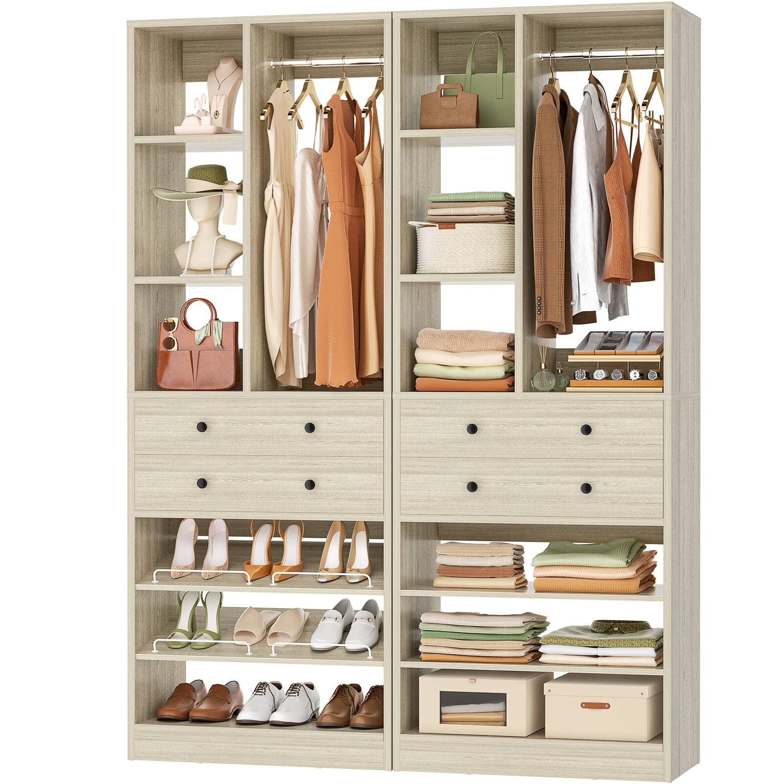 Angle. Aheaplus - 55.5" Closet Organizer System (2-Pack) – Free-Standing, 1200+ LBS, Drawers & Shelves for Small Walk-In Closets - White Oak.