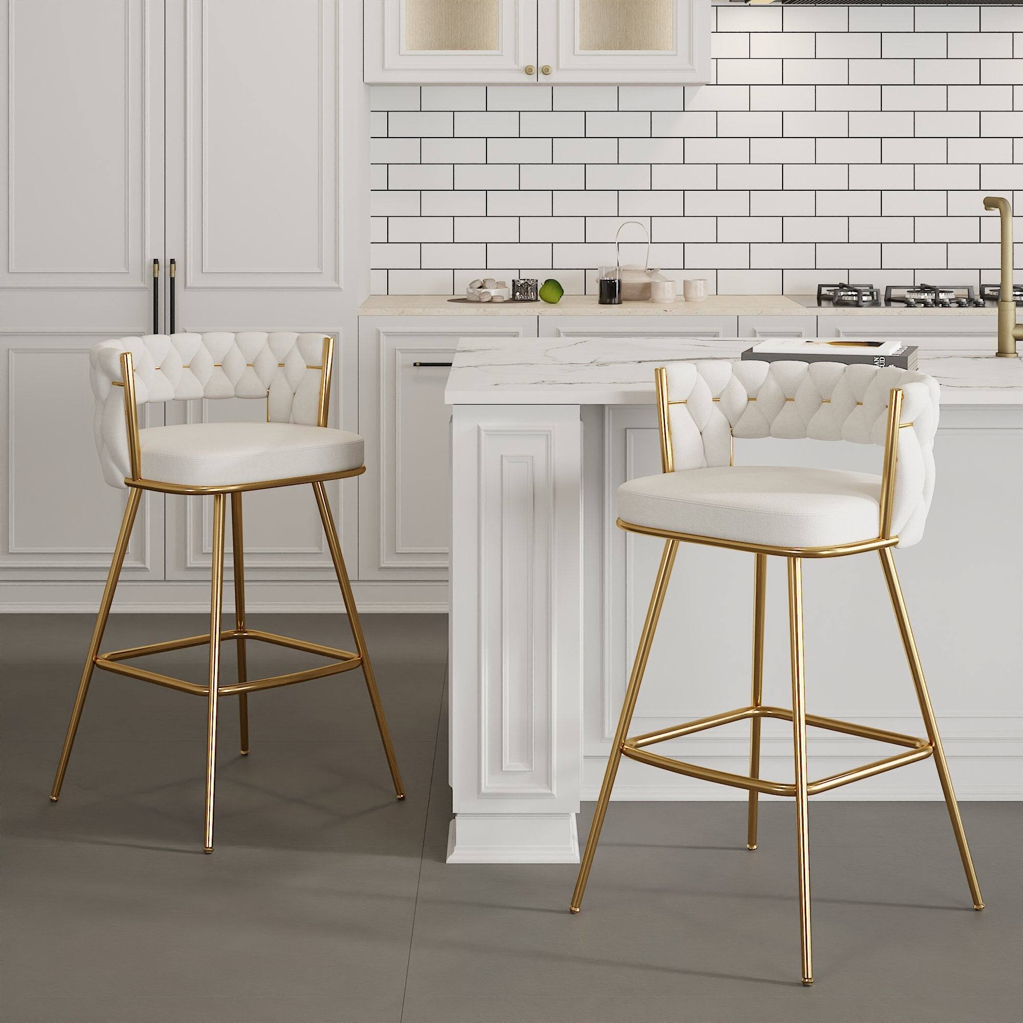 Alt View 2. Vecelo - Set of 2 White PU Leather Bar Stool with Electroplated Metal Frame – 34-Inch Tall Bar Chair with Footrest - White.