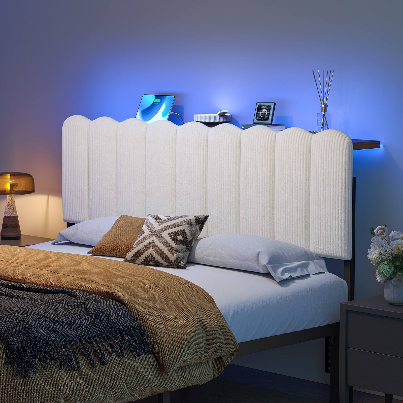 Alt View 1. Pinmoco - Metal Upholstered Headboard Height Adjustable Headboard with LED Light, Charging Station - Off-White.