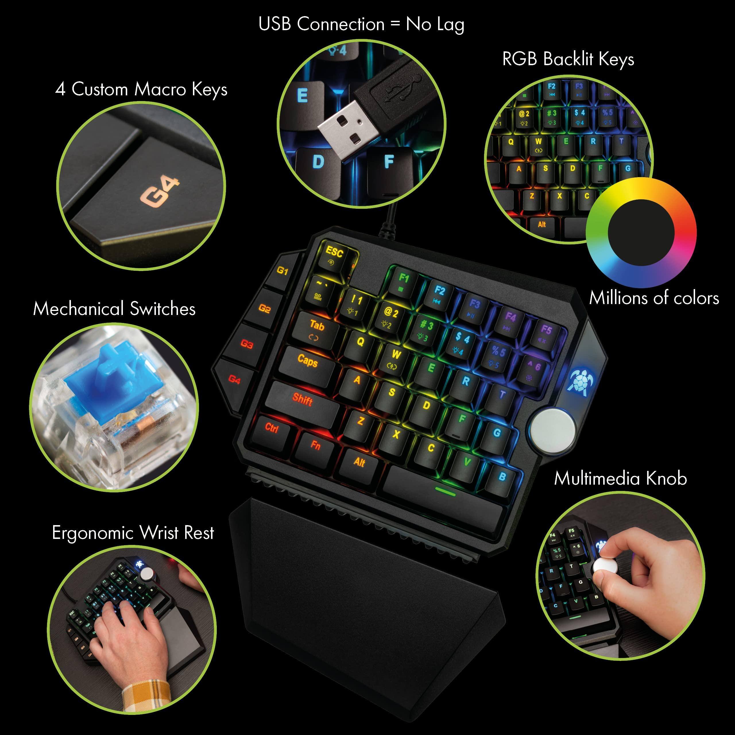 Sure, here is the corrected and grouped text from the image:

- **4 Custom Macro Keys**
- **USB Connection = No Lag**
- **RGB Backlit Keys**
- **Mechanical Switches**
- **Ergonomic Wrist Rest**
- **Multimedia Knob**
- **Millions of colors**