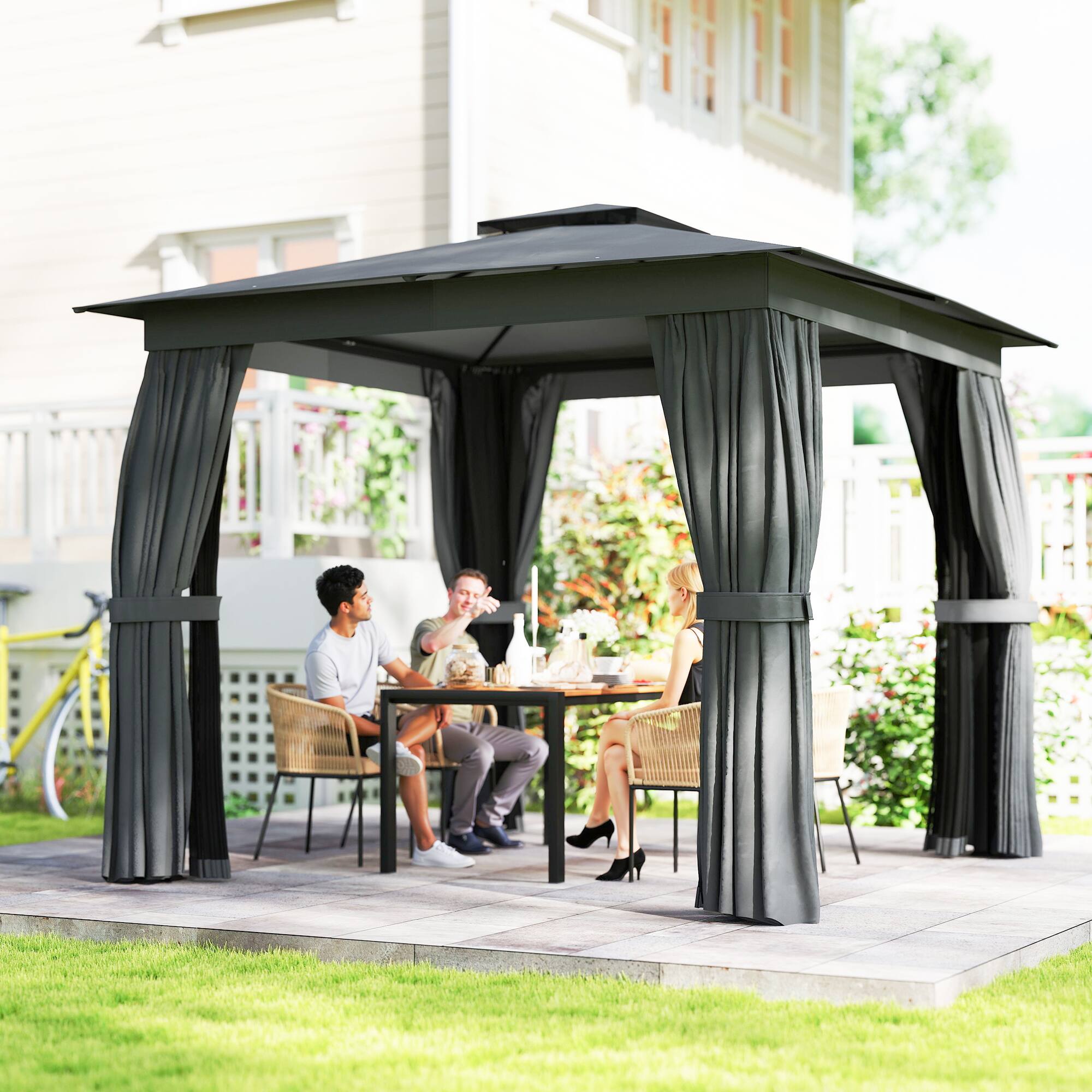 Alt View 1. Outsunny - 10' x 10' Outdoor Patio Gazebo, Soft Top Gazebo Canopy Shelter with Double Roof, Curtains, Netting, Steel Frame.