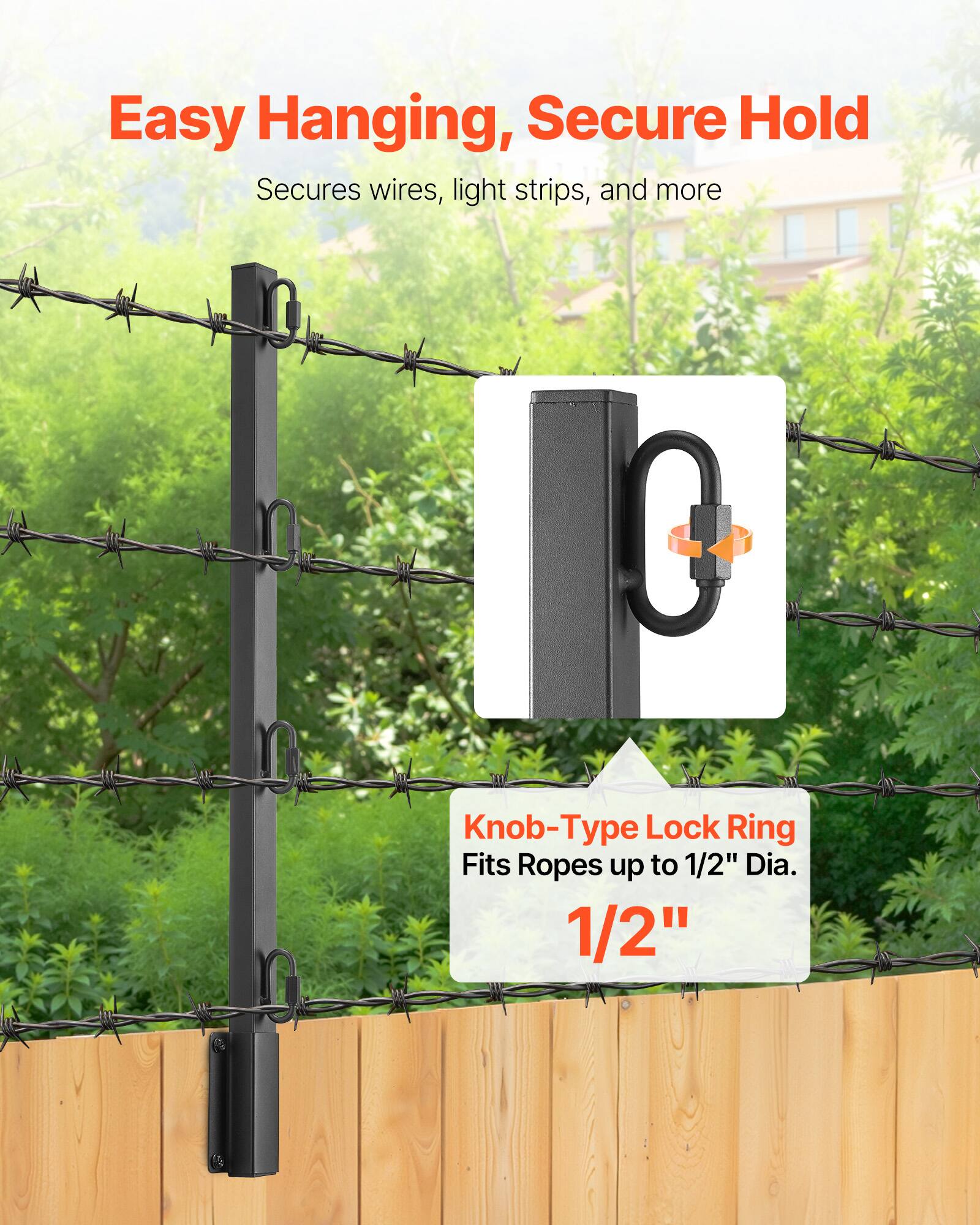 Easy Hanging, Secure Hold  
Secures wires, light strips, and more  

Knob-Type Lock Ring  
Fits Ropes up to 1/2" Dia.  

1/2"