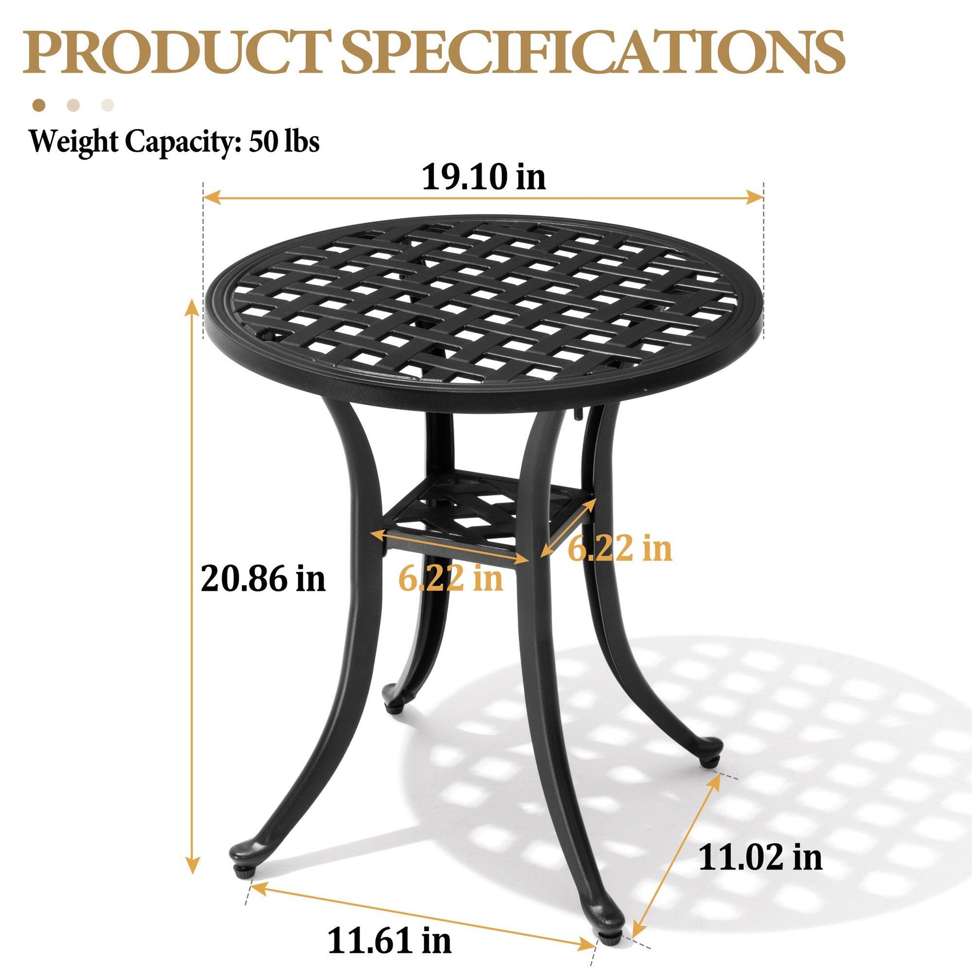 PRODUCT SPECIFICATIONS  
Weight Capacity: 50 lbs  

- Diameter: 19.10 in  
- Height: 20.86 in  
- Leg Width: 6.22 in  
- Leg Height: 11.61 in  
- Base Diameter: 11.02 in