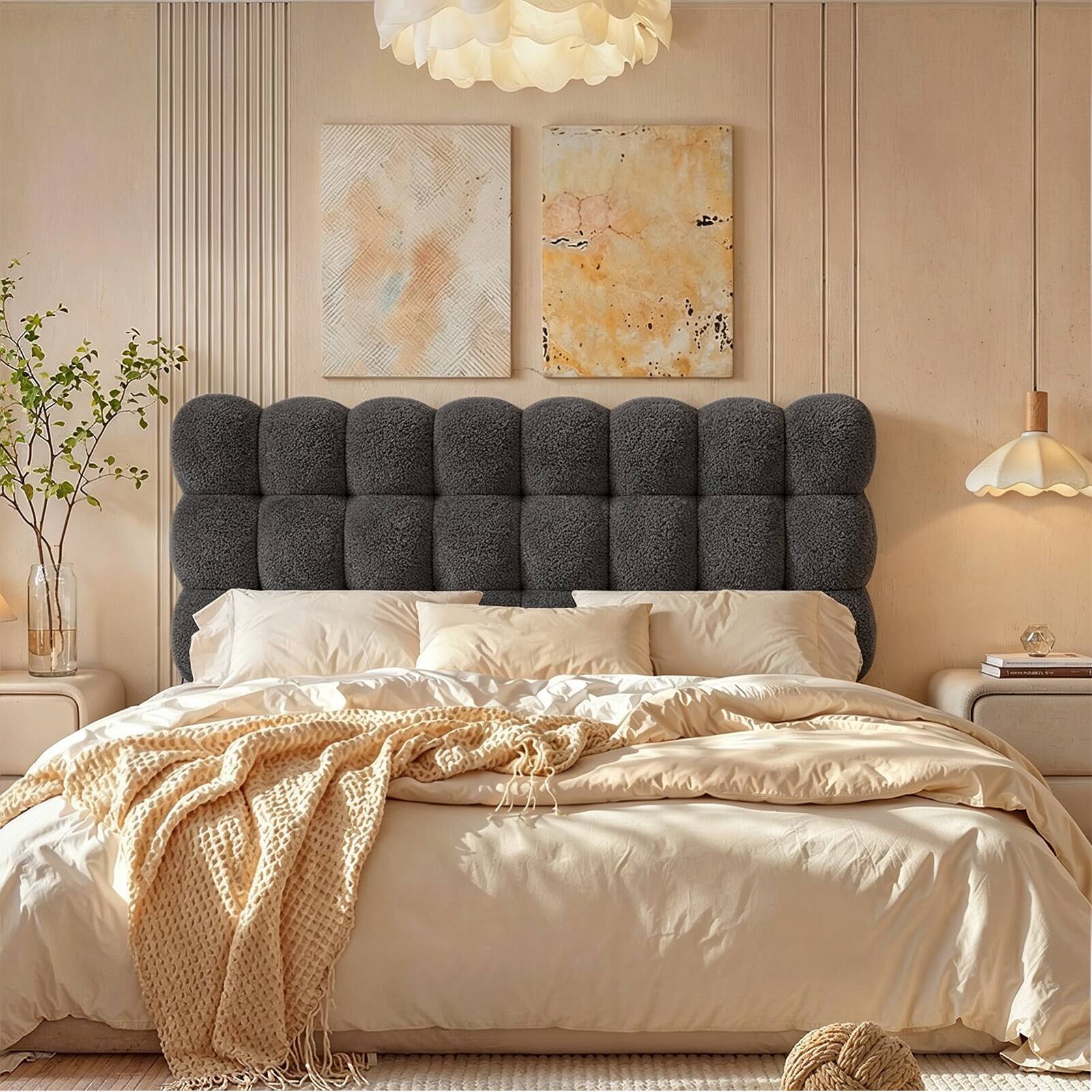 Left. Pinmoco - Upholstered Headboard with Adjustable Height, Cloud-Like Comfort, No Damage on Walls - Gray.
