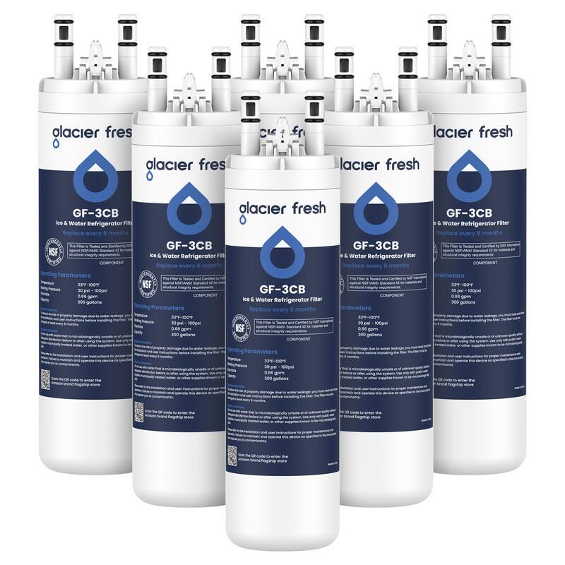 alacier fresh  
lacier fresh  
alacier fresh  
lacier fresh  

GF-3CB Ice & Water Refrigerator Filter  
Replace every 6 months  
Tested and NSF ANS 42  
Rutra integrity COMPONENT  
Parameters 33F-100F 100psi 0.66 gpm 300 gallons  
supplies code  
flogship store  

alacier fresh GF-3CB  
GF-3CB Ice & Water Refrigerator Filter  
Replace every 8 months  
Replace every 6 months  
Filter 8 NSF 4  
GF-3CB integrity COMPONENT  
COMPONENT  
Ice & Water Refrigerator Filter  
Parameters  
Replace every 8 months  
arameters 33F-100F 100psi  
fiter Tested ps 100psi  
gpm NSF 0.66 9pm 300 gallons  
COMPONENT due inologe, Parameters  
months 33-100F 100psi unsole 0.86 gom  
using system PM Preated 300 gallons other damage due  

GF-3CB & Water Refrigerator Filter  
Replace every 6 months  
