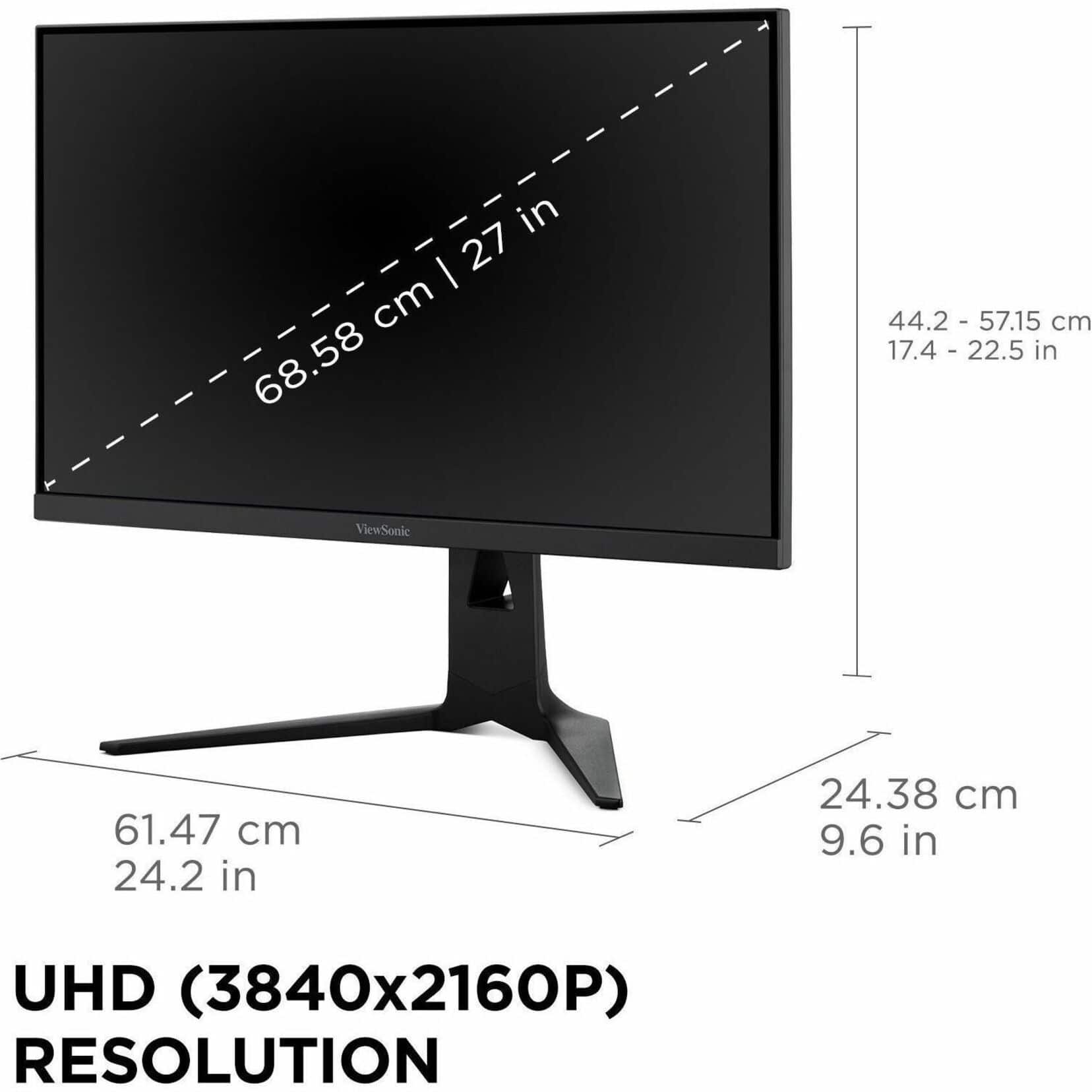 The image shows a ViewSonic computer monitor with a UHD resolution of 3840x2160p. The monitor is placed on a stand, and its dimensions are 61.47 cm (24.2 in) in width and 24.38 cm (9.6 in) in height. The monitor is designed to provide a high-quality viewing experience with its 27 inch screen.
