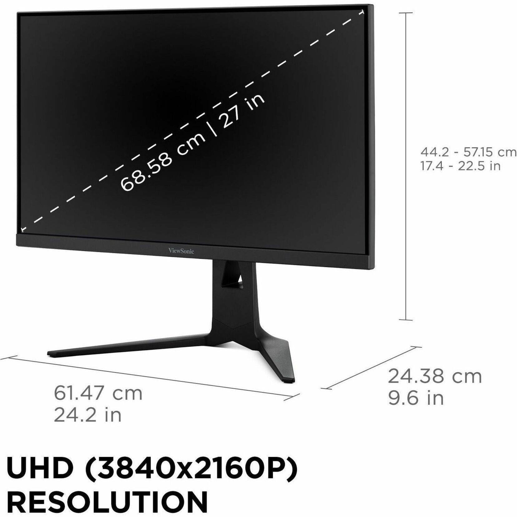 The image shows a ViewSonic computer monitor with a UHD resolution of 3840x2160p. The monitor is placed on a stand, and its dimensions are 61.47 cm (24.2 in) in width and 24.38 cm (9.6 in) in height. The monitor is designed to provide a high-quality viewing experience with its 27 inch screen.