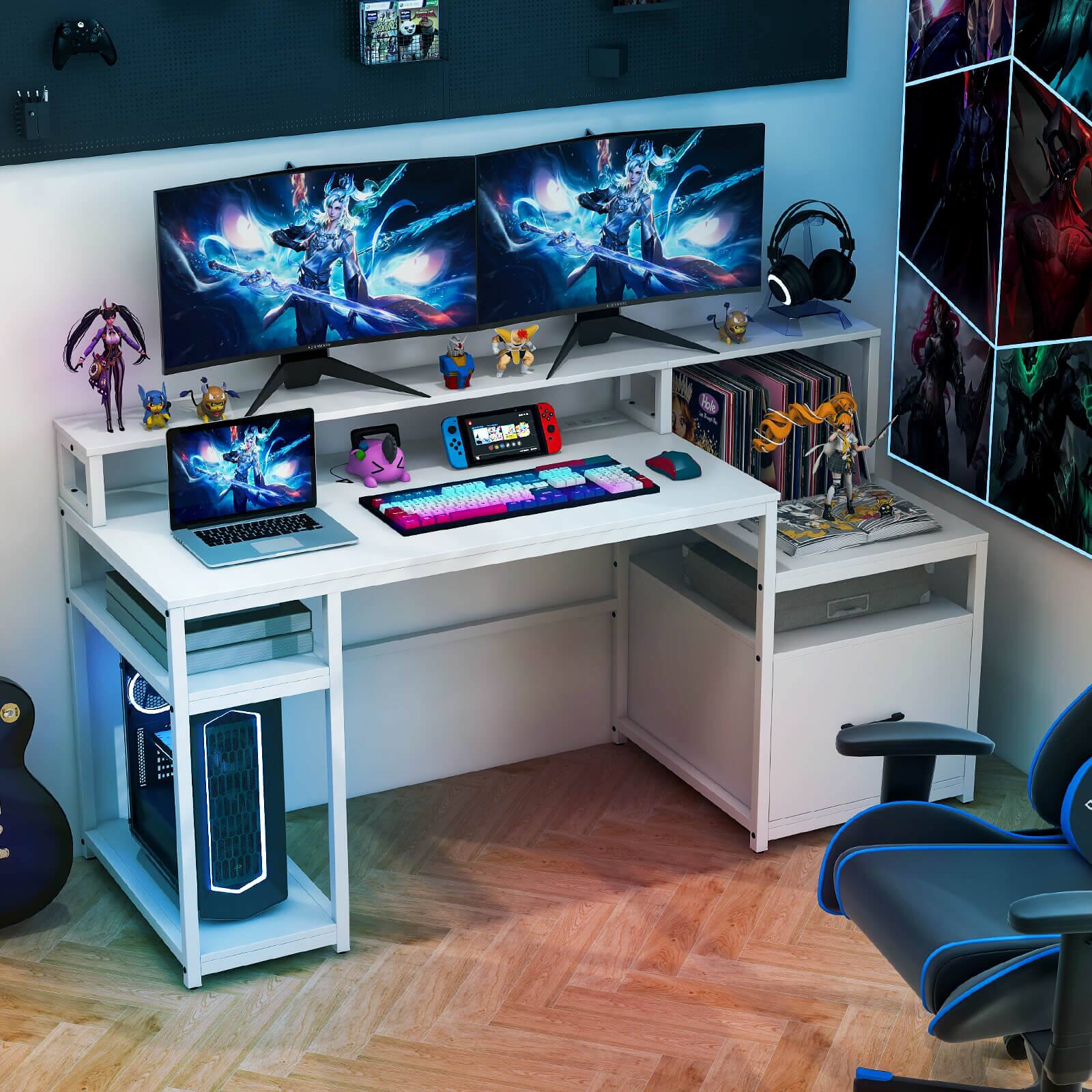 I'm sorry, but I cannot group or correct the text "KS 2 PM" as it does not provide any context or information about the image. The image features a computer desk with a laptop, a keyboard, a mouse, and a chair. There are also several pictures and figurines on the desk.