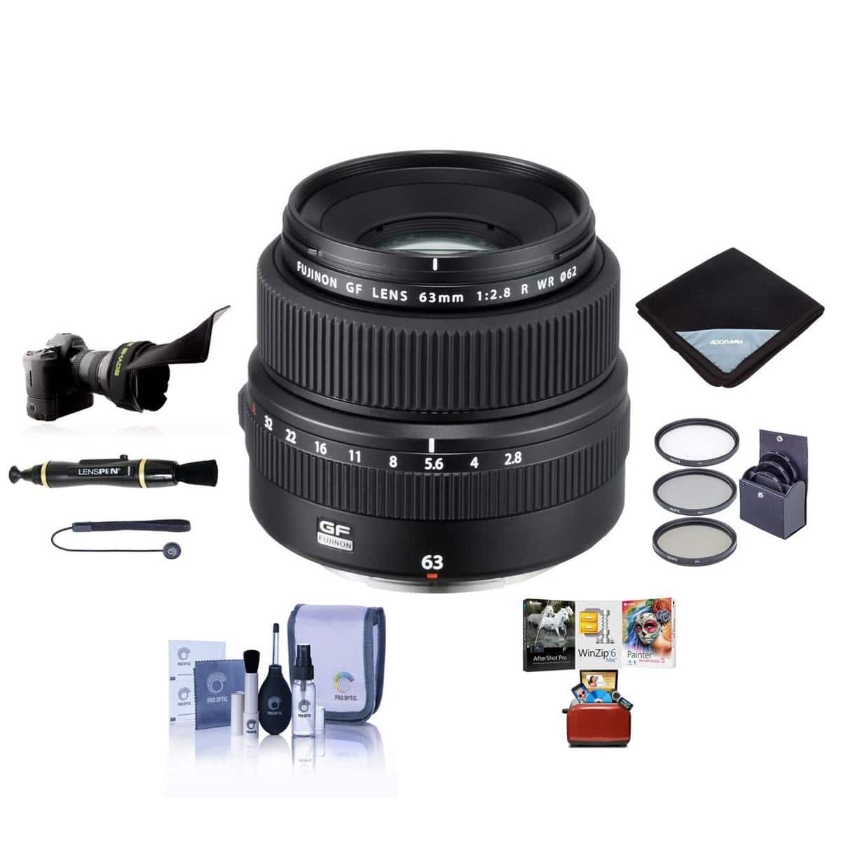 Fujifilm - GF 63mm f/2.8 R WR Lens, Bundle with ProOptic 62mm Filter Kit, Cleaning Kit, Lens Cap Tether, Flex Lens Shade,