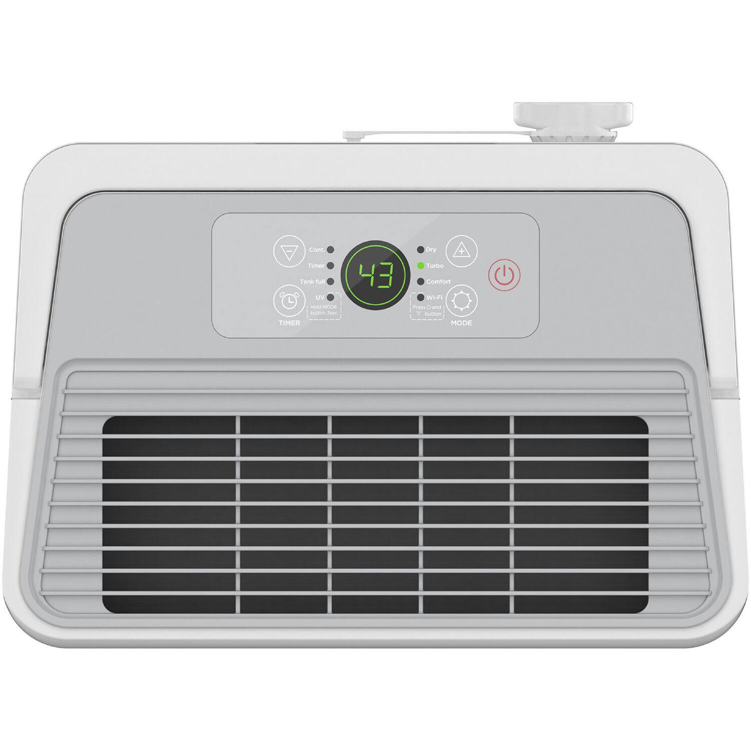 The image shows a white air conditioner with a timer set at 43 degrees. The timer is located on the top of the air conditioner, and it is set to 43 degrees Fahrenheit. The air conditioner is designed to provide efficient cooling and can be controlled using a remote or a smartphone app. The timer feature allows users to set the desired temperature and duration of cooling, ensuring that the room stays at the desired temperature for a specific period.