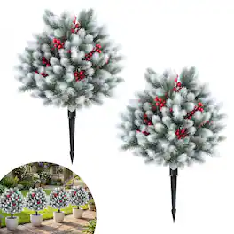 Costway - 2PCS 27.5" Artificial Cedar Topiary Ball Trees with Ground Spikes, Indoor & Outdoor - Green & White & Red