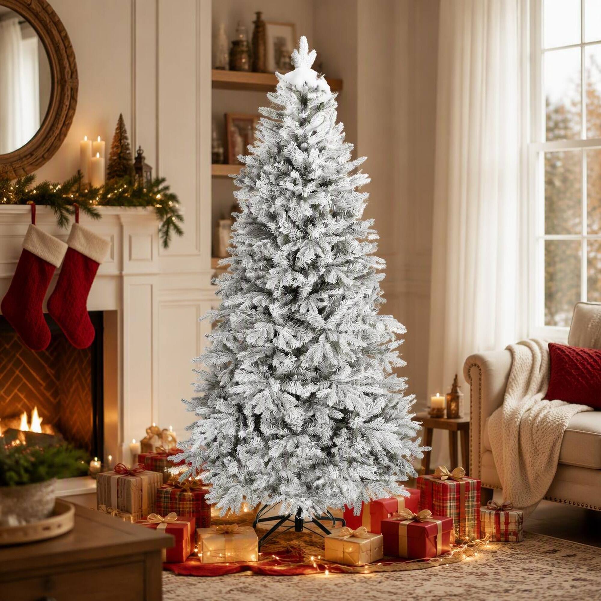 Angle. RYHNUYNE - 7.5 Ft Artificial Frosted Christmas Tree, Realistic Branches Wide Full Spruce Hinged Design Easy Assembly Holiday Decor - Green.