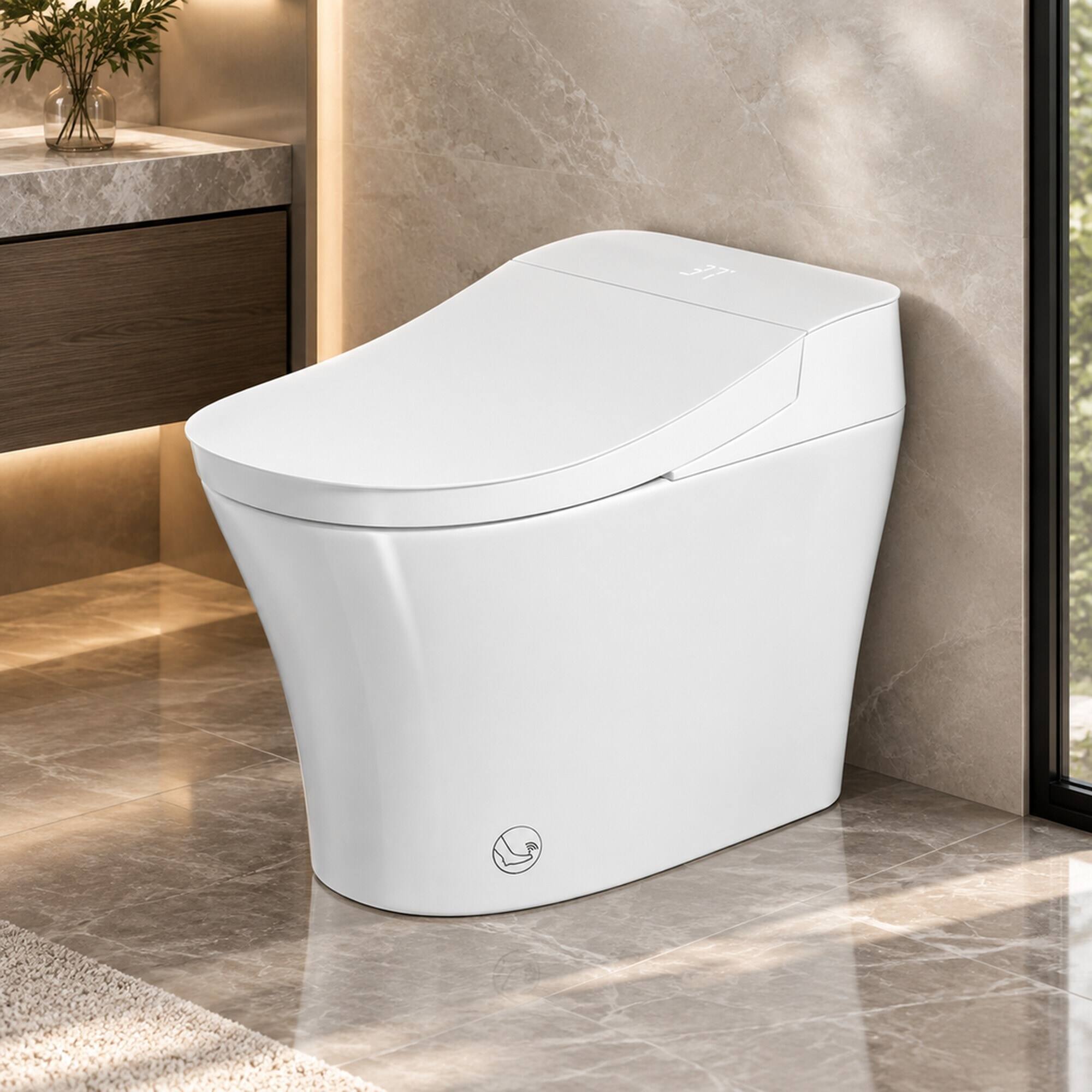 Left. RYHNUYNE - One Piece Elongated Smart Bidet Toilet, Built-in Tank Instant Warm Water Heated Seat Power Outage Flush Child Mode - Milk White.