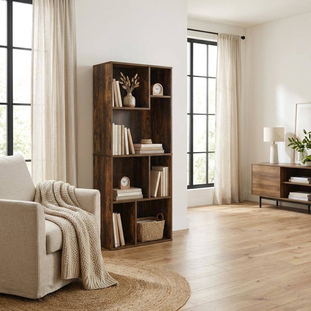 Left. FurniFact - Amber Pine 7-Cube Irregular Bookcase with Storage Organizer and Modern Design - Amber Pine.