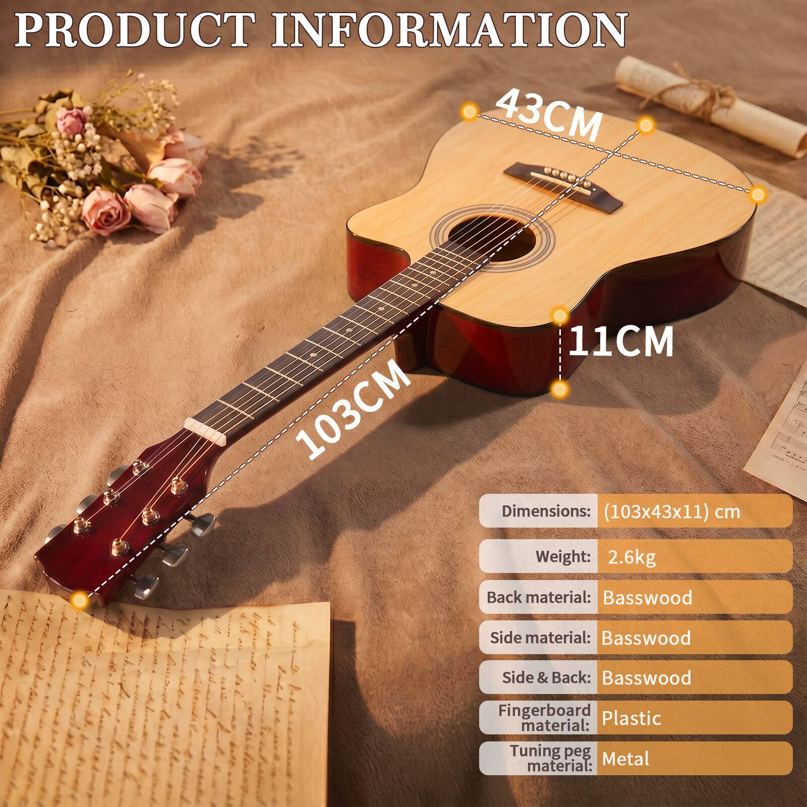 PRODUCT INFORMATION

Dimensions: (103x43x11) cm  
Weight: 2.6kg  
Back material: Basswood  
Side material: Basswood  
Side & Back: Basswood  
Fingerboard material: Plastic  
Tuning peg material: Metal