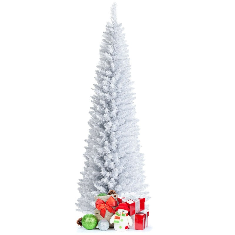 WELLFOR - 7 ft Unlit Artificial Pencil Christmas Tree, Slim Xmas Tree with 436 Branch Tips and Metal Stand - White
