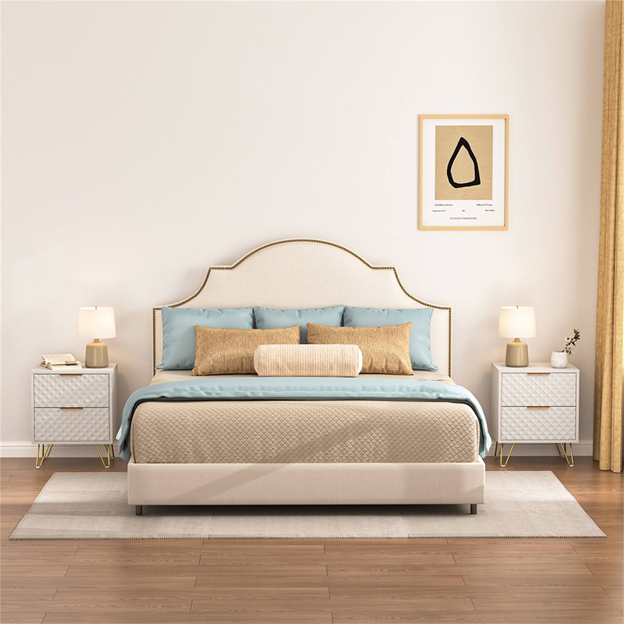 Back. Spaco - 2PCS Modern Nightstand with Diamond Texture, 2 Drawers, Gold Accents & Hairpin Legs, Bedroom Storage Cabinet - White.