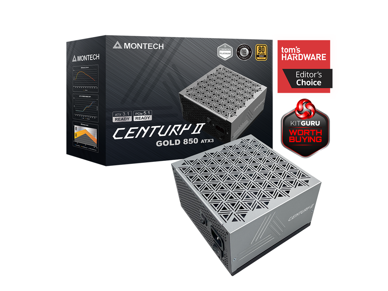 MONTECH - addd MONTECH CEENETES PLANNUM DENTEEN 10 - BERANE 80 PLUS EE tom's HARDWARE Editor's Choice - - - 3. 1 PCle 5 1 ATX READY READY - - CENTURP II GOLD 850 ATX3 KITGURU WORTH BUYING CENTURFE