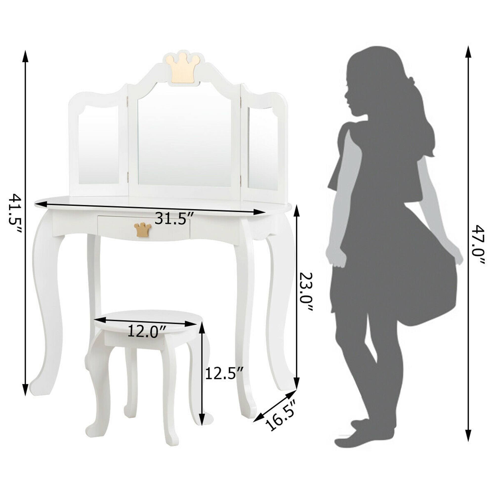 The text on the image is grouped as follows:

- Height of the table: 41.5"
- Width of the table: 31.5"
- Height of the stool: 12.0"
- Height of the person: 47.0"
- Height of the table with stool: 23.0"
- Width of the stool: 12.5"
- Height of the table legs: 16.5"