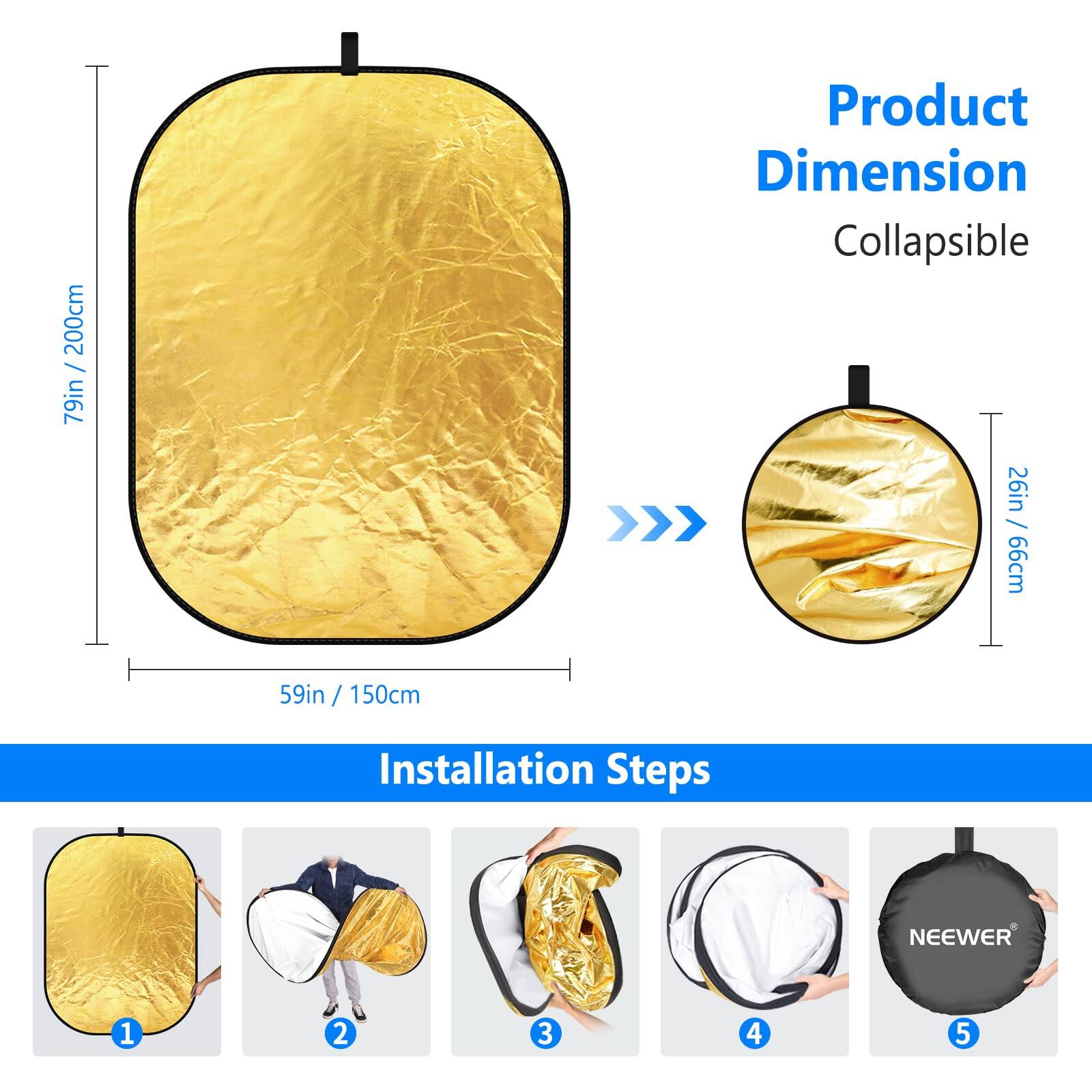79in / 200cm  
Product Dimension: Collapsible 26in / 66cm  
59in / 150cm  

Installation Steps:  
1  
2  
3  
4  
5
