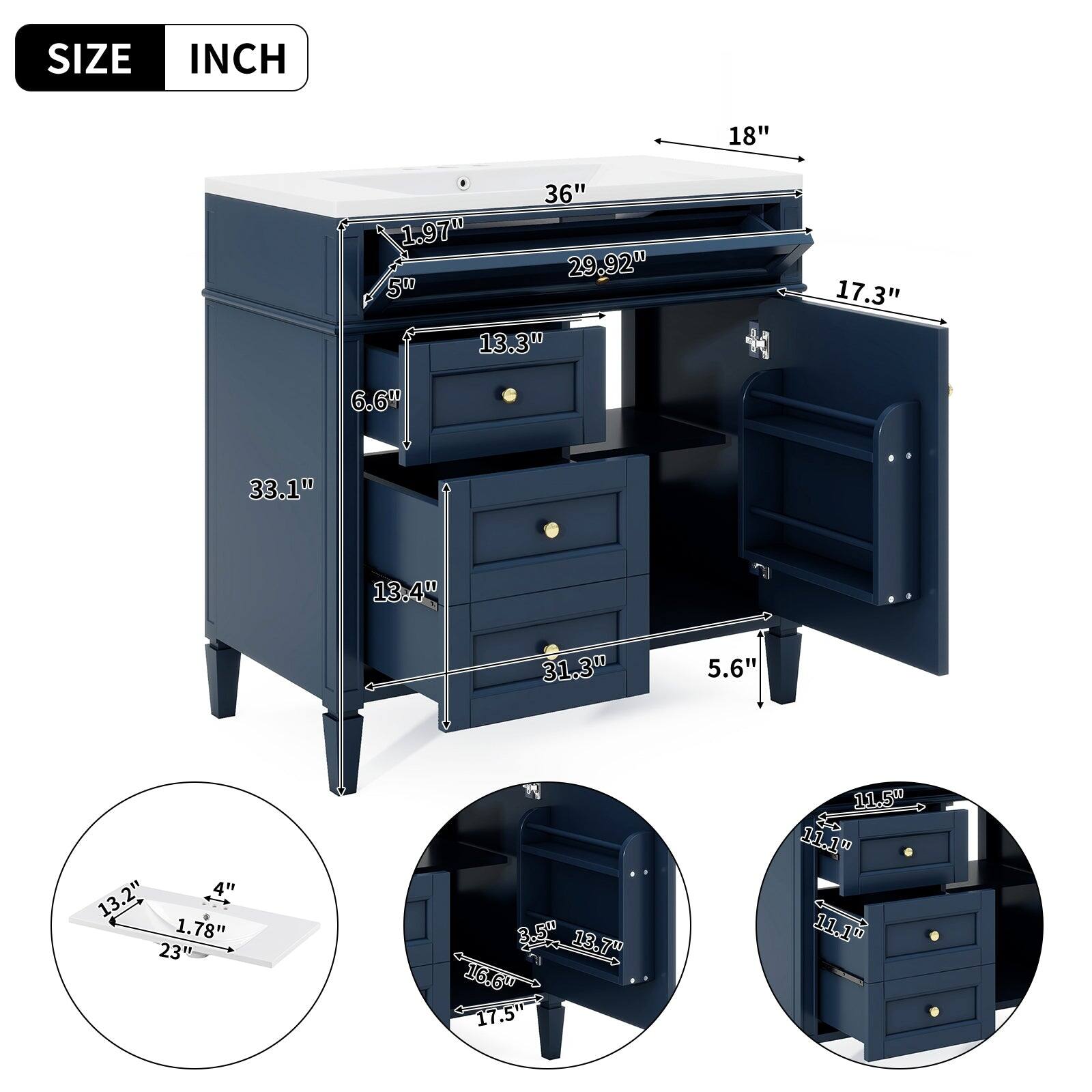 SIZE INCH  
18" 36" 1.97" 29.92" 500 13.3" 6.6" 4 17.3" 33.1" 13.4" 31.3" 5.6" 13.2" 4" 13 1.78" 23" M 3.5" 13.7" 16.6" 17.5" 11.5" 8o 11.1" 11.1"