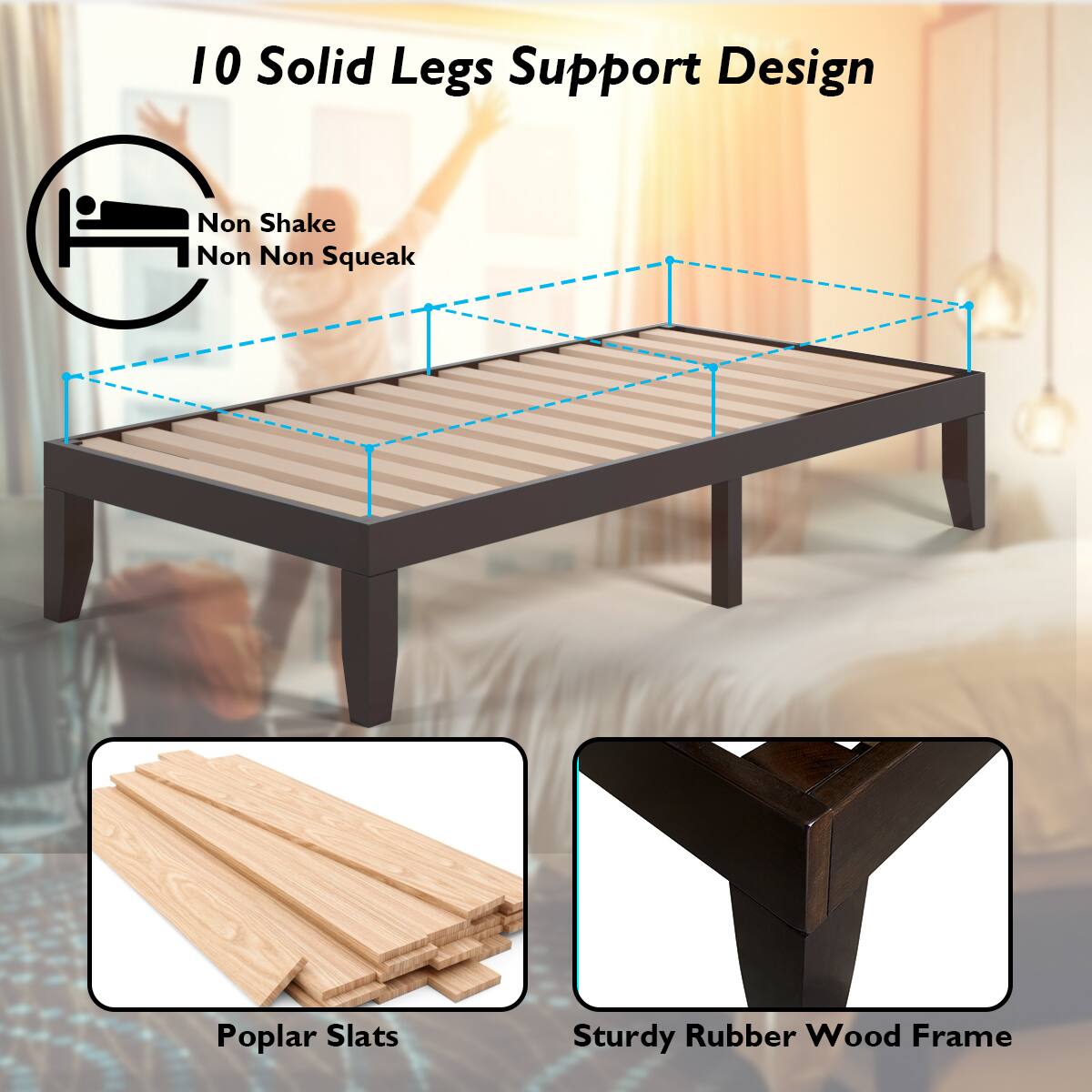 10 Solid Legs Support Design, Non Shake, Non Squeak, Poplar Slats, Sturdy Rubber Wood Frame