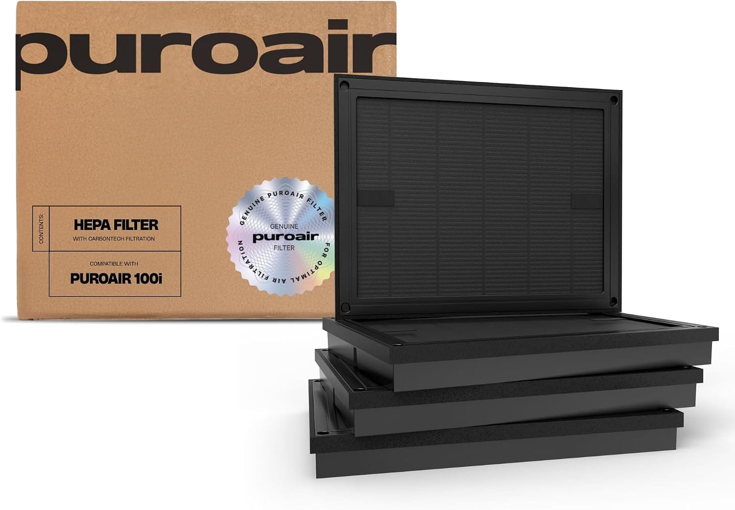 PuroAir - 100i HEPA Filter 4-Pack with CarbonTech 3-Layer Defense – Filters 99.9% Pollen, Dust, Dander, Smoke & Odors - Black