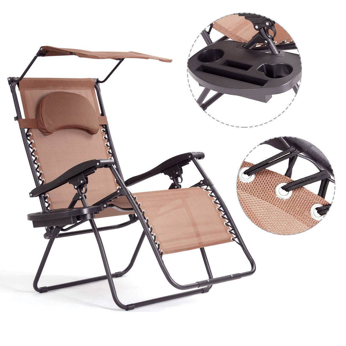 Alt View 8. Gymax - Gymax Folding Recliner Zero Gravity Lounge Chair W/ Shade Canopy Cup Holder Brown - Brown.