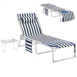 Outsunny - Chair with Face Hole and Side Table, 5-Position Folding Outdoor Chaise Lounge Chair - Blue and White