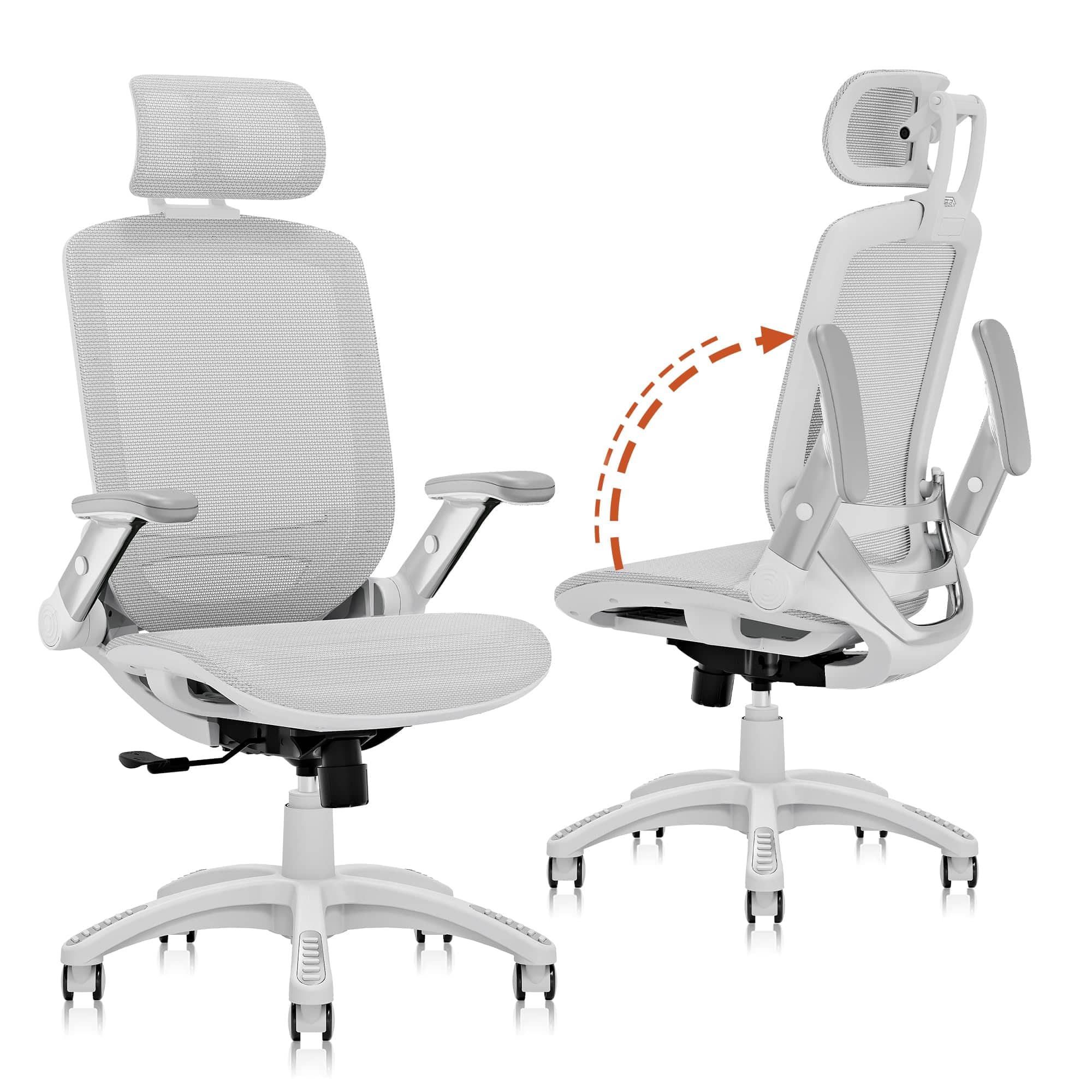Hirose Alice - GABRYLLY Ergonomic Office Chair with Footrest, High Back Home Desk Chair - 3D Headrest, Flip-Up Arms, 135 - White Frame Grey Mesh