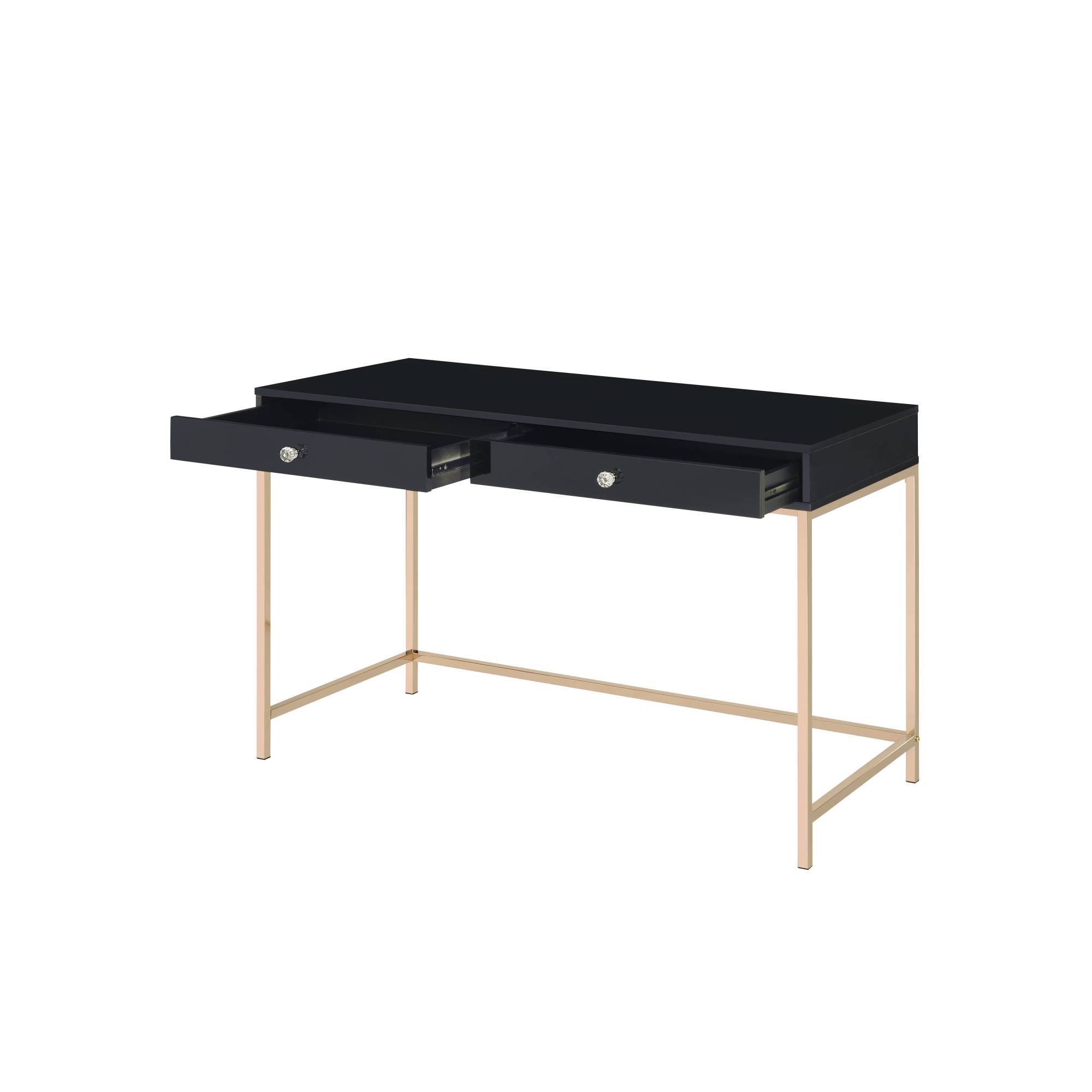 Alt View 4. GOODSILO - Contemporary High Gloss Writing Desk with Metal Base and Two Storage Drawers for Modern Office - Black.