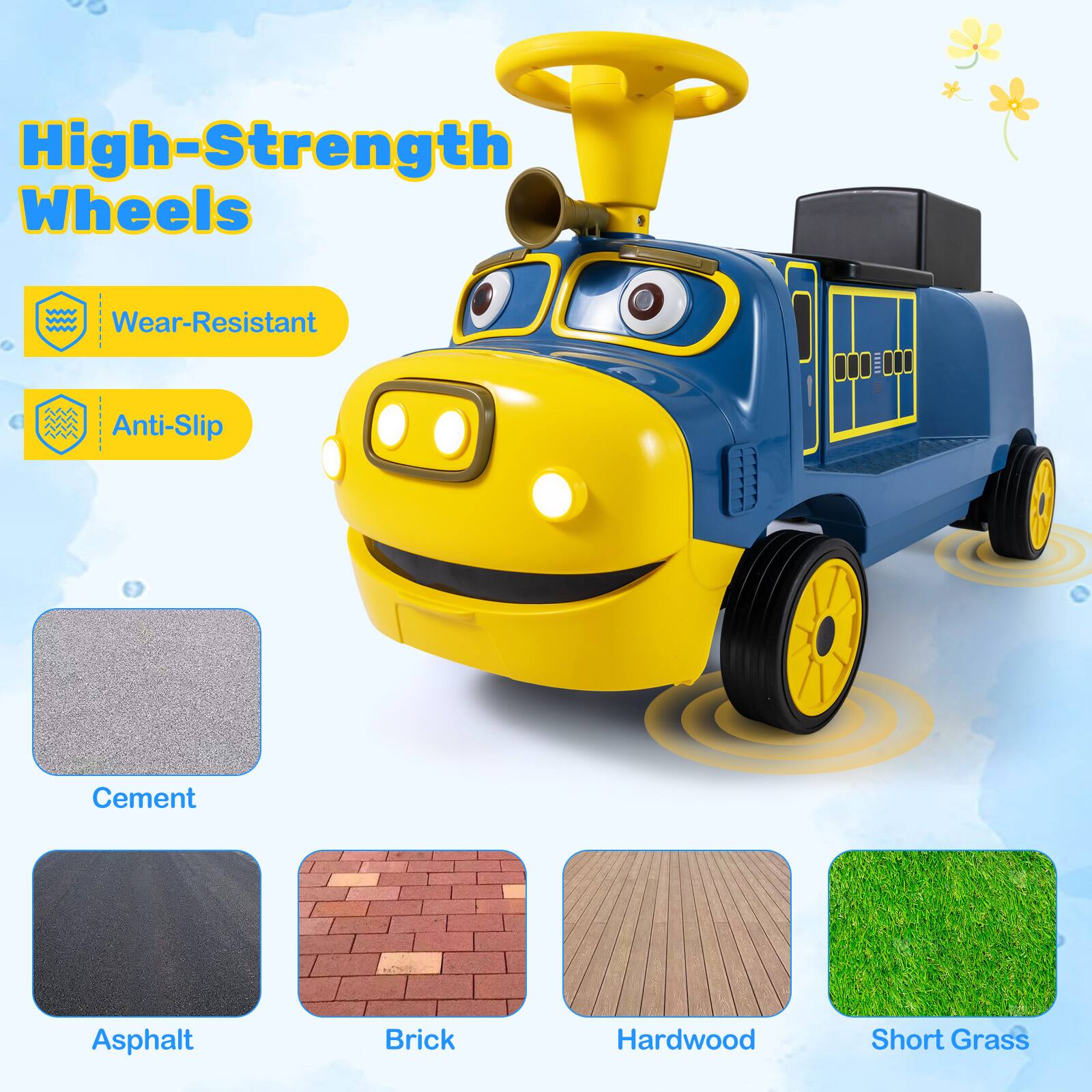 High-Strength Wheels  
Wear-Resistant  
Anti-Slip  
Cement  
Asphalt  
Brick  
Hardwood  
Short Grass