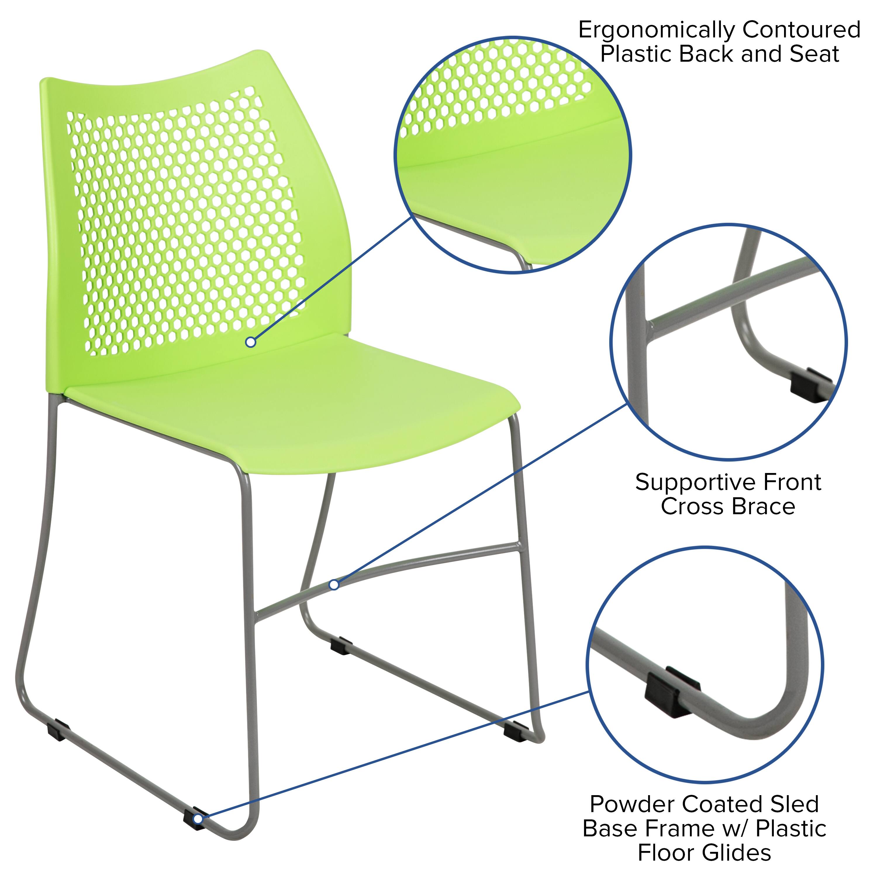 Ergonomically Contoured Plastic Back and Seat  
Supportive Front Cross Brace  
Powder Coated Sled Base Frame w/ Plastic Floor Glides
