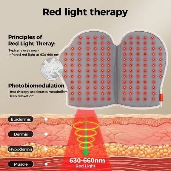 Red light therapy

Principles of Red Light Therapy:
Typically uses near-infrared red light at 630-660 nm

Photobiomodulation
Heat therapy accelerates metabolism
Deep relaxation

Epidermis
Dermis
Hypodermis
Muscle

630-660nm Red Light