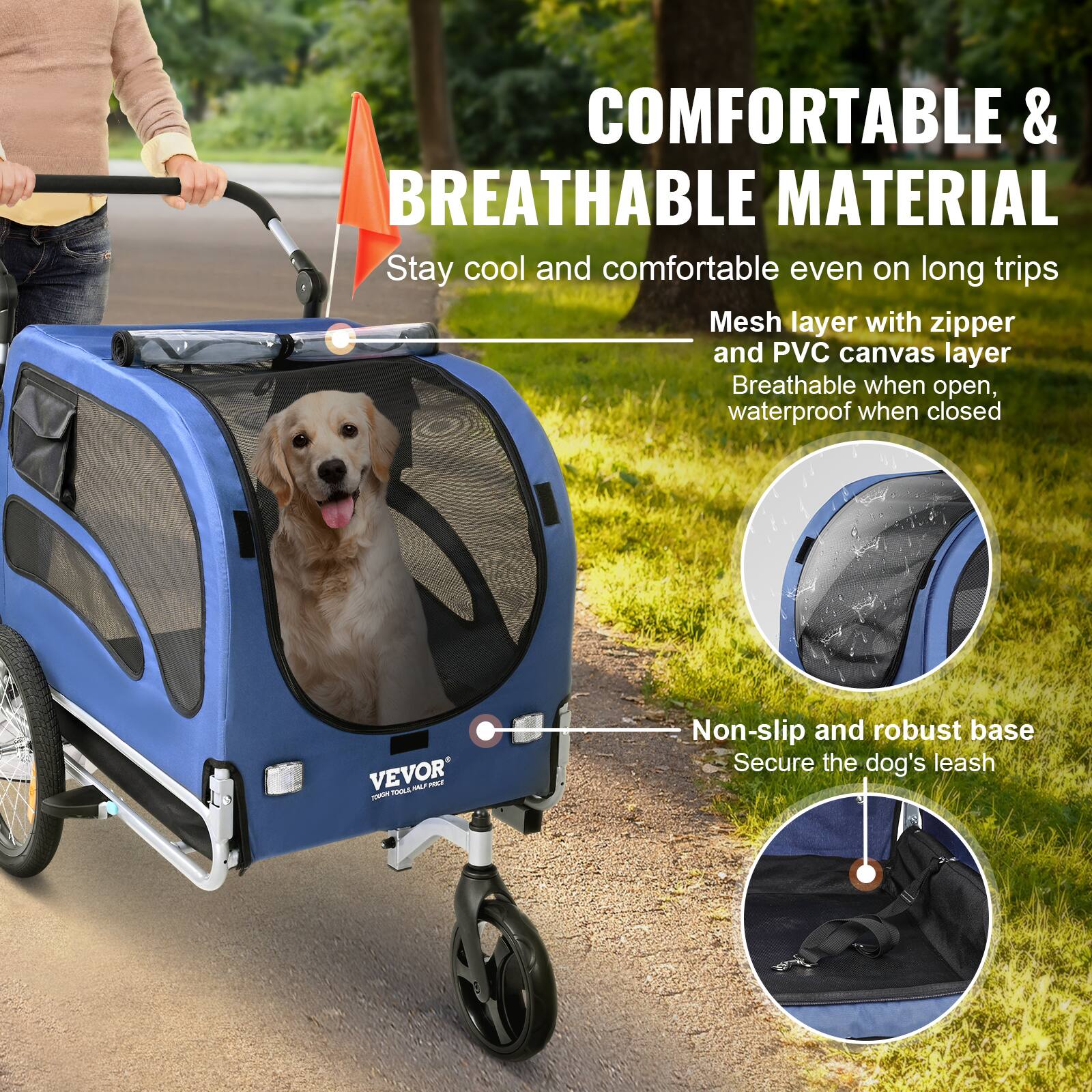COMFORTABLE & BREATHABLE MATERIAL  
Stay cool and comfortable even on long trips  
Mesh layer with zipper and PVC canvas layer  
Breathable when open, waterproof when closed  

Non-slip and robust base  
Secure the dog's leash