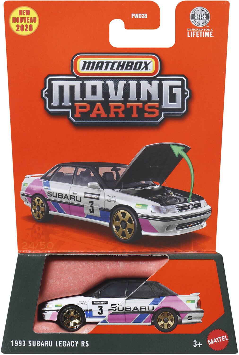 NEW NOUVEAU 2026 FWD28 PARTS METAL METAL PEAS - DESIGNED FOR A LIFETIME. MATCHBOX MOVING PARTS SUBARU 3 RALLY 1828 WI 24/50 C. T2T ADBKTA 3 SUBARU 1993 SUBARU LEGACY RS 3+ MATTEL