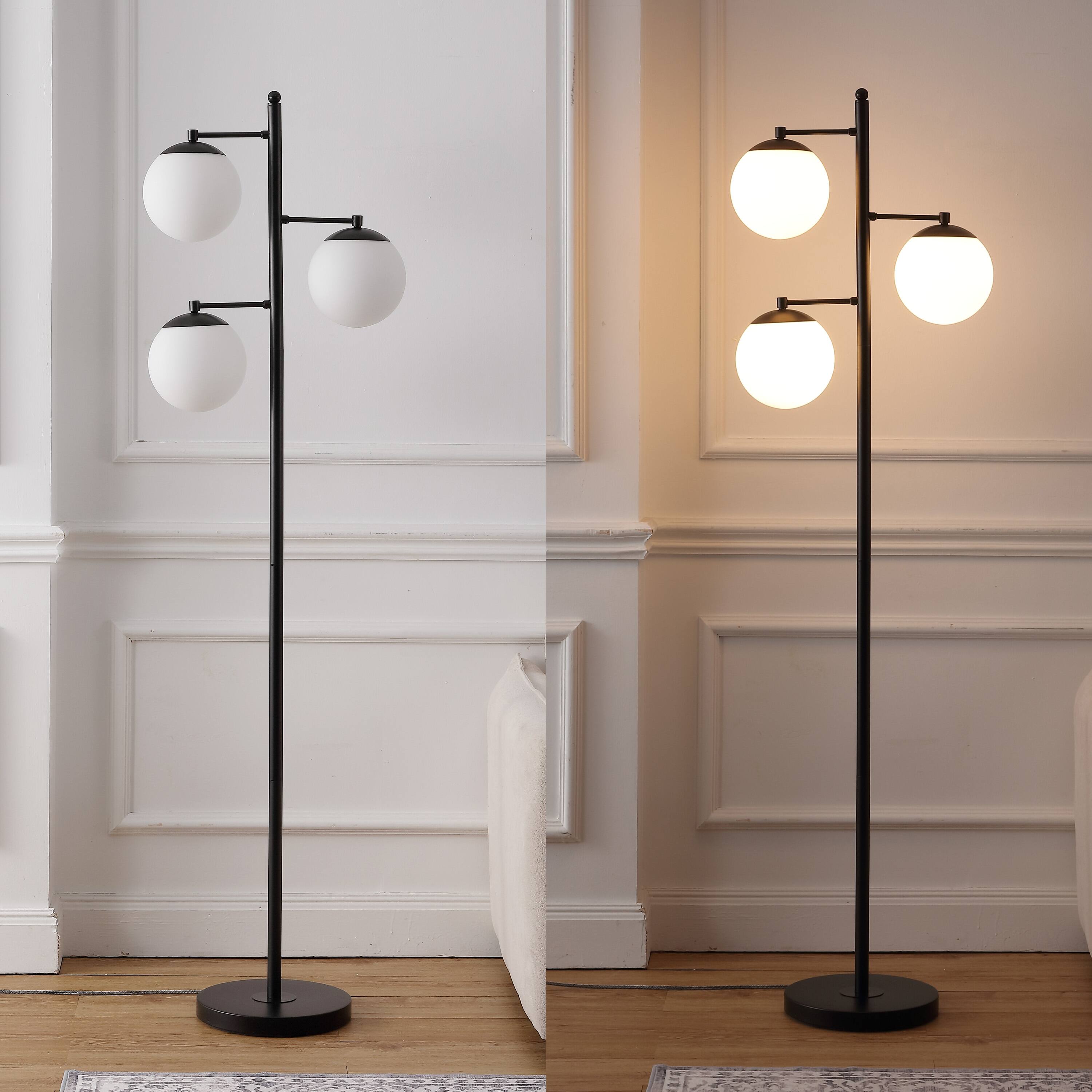Alt View 3. Jonathan Y - Ellie 66" 3-Light Mid-Century Modern Metal LED Floor Lamp with Triple Frosted Globe Shades, Black/White - Black.