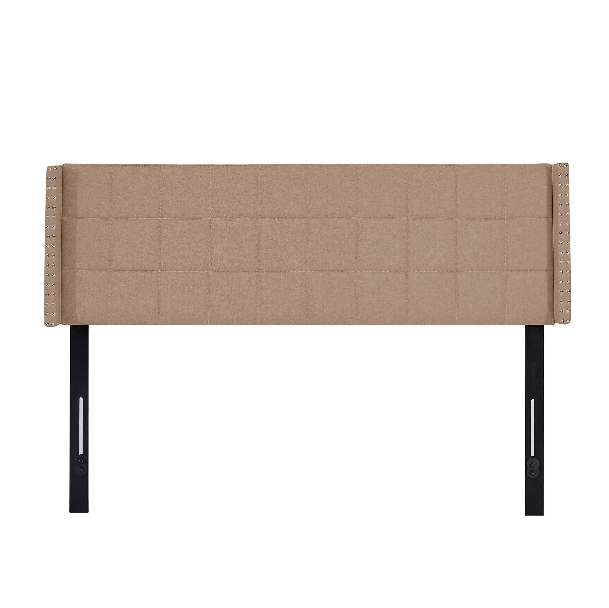 Front. Vecelo - Adjustable Linen Queen Headboard with Wingback, Tufted Upholstered Design for King or Queen Bed, Nailhead Trim - Beige.