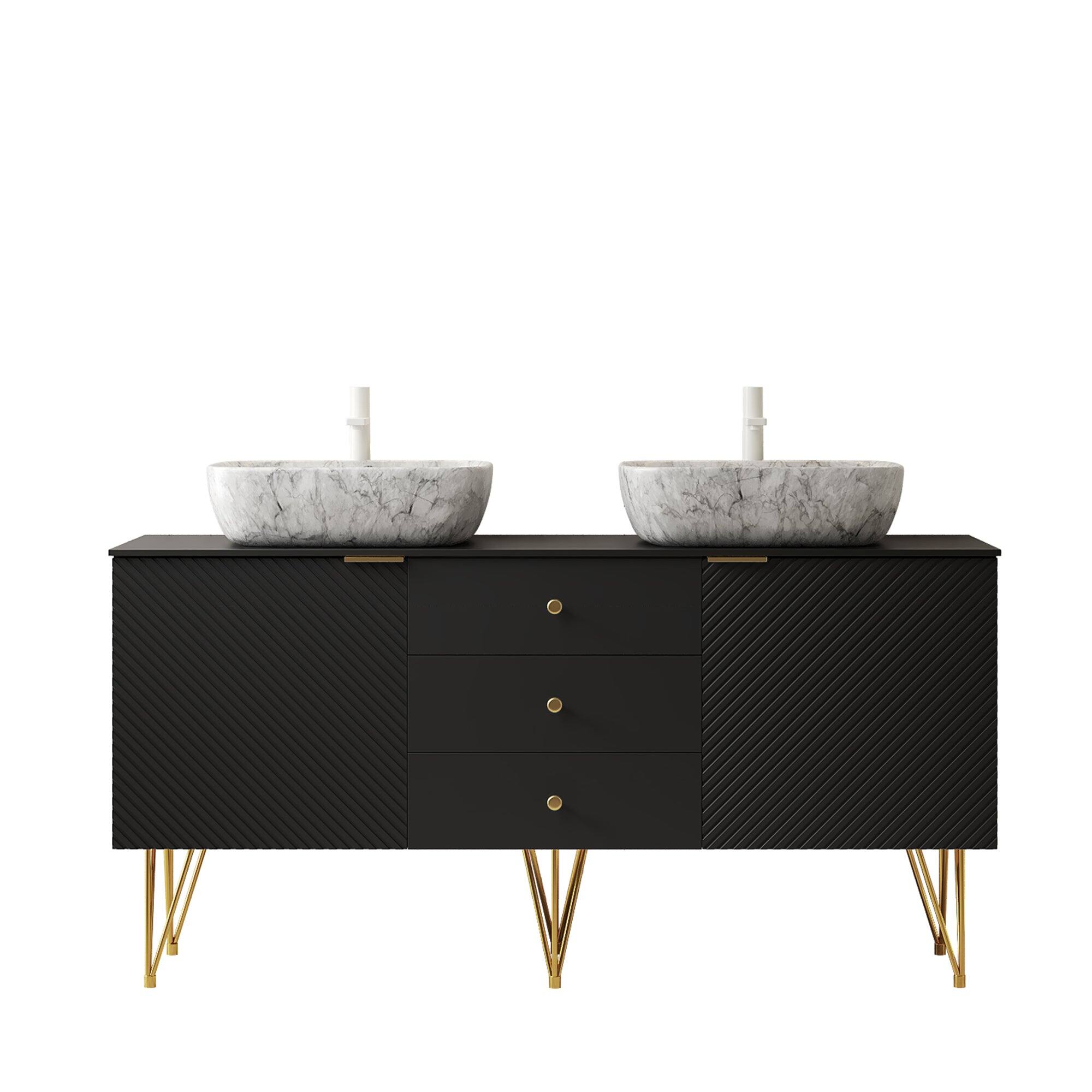 Alt View 3. Boyel Living - 60 Bathroom Vanity with 3 Drawers 2 Doors 2 White Marble Pattern Ceramic Vessel Basins Sintered Stone Black - Black,Stone Gray.