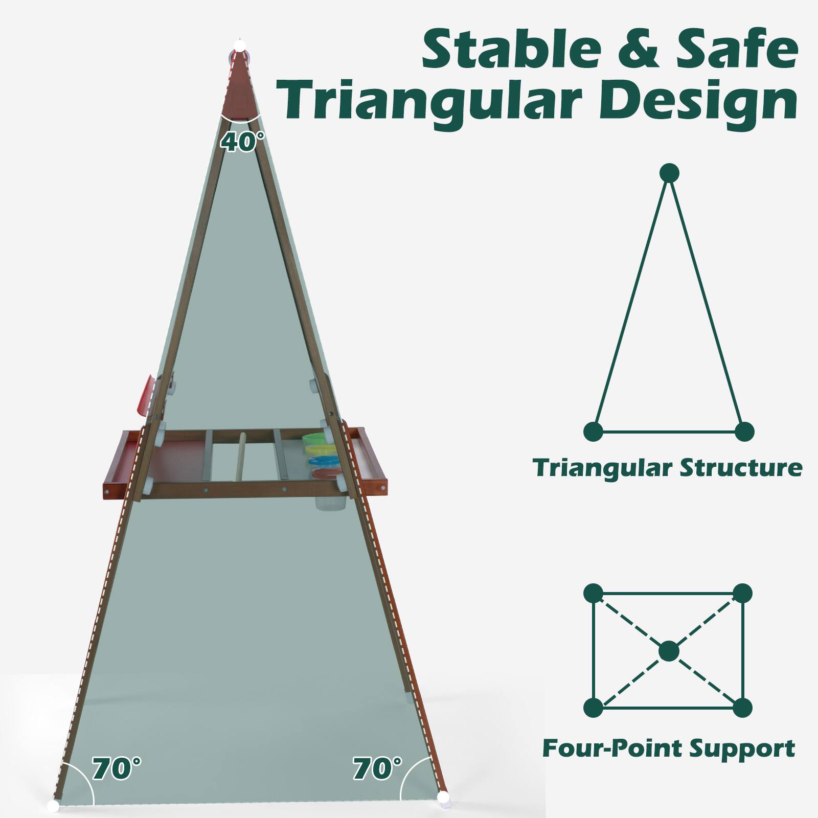 Stable & Safe Triangular Design

40°

70°

70°

Triangular Structure

Four-Point Support