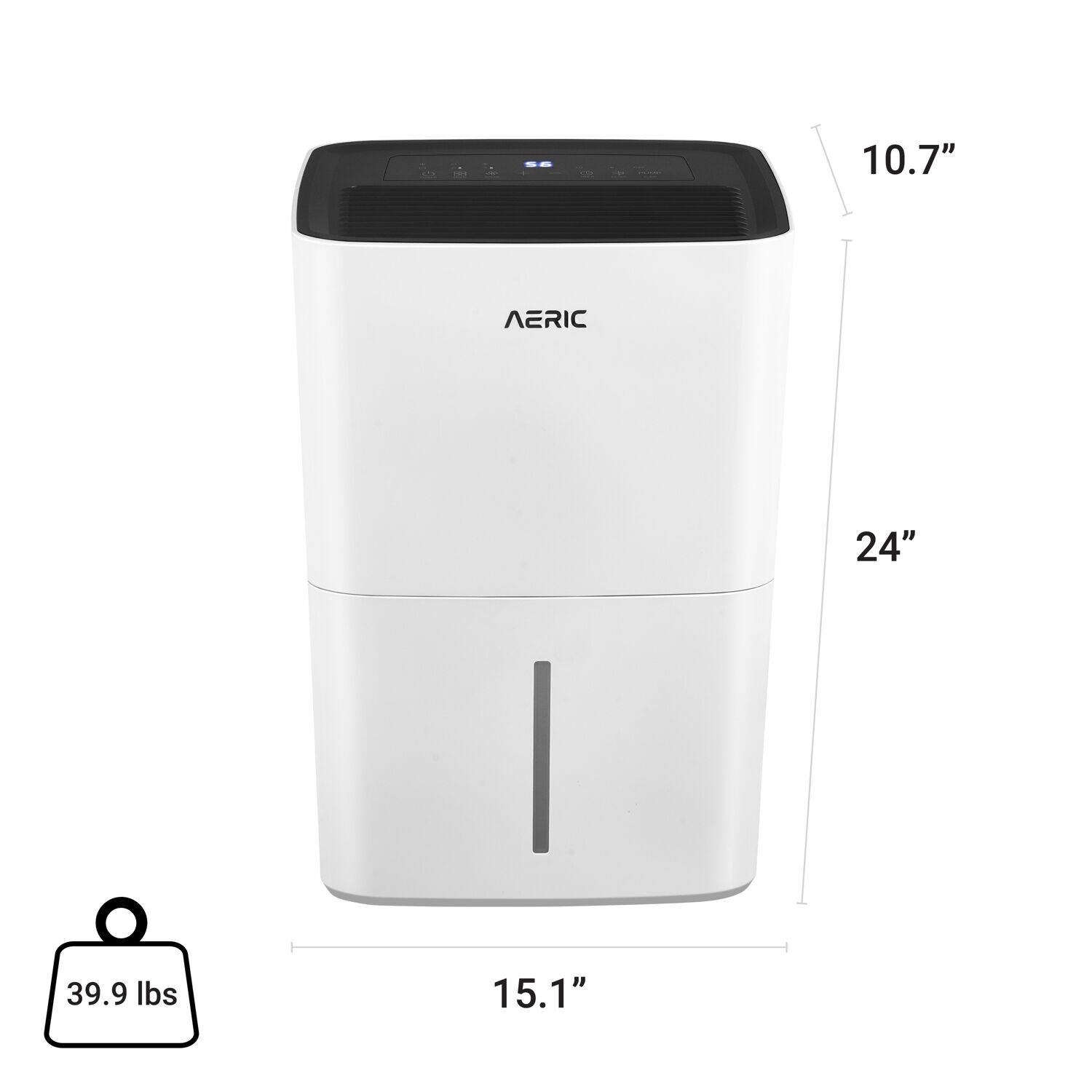 The text on the image reads: "10.7" AERIC | 24" 39.9 lbs 15.1". This information suggests that the AERIC appliance is 10.7 inches in height, 24 inches in width, and weighs 39.9 pounds. The dimensions and weight are provided to help users understand the size and weight of the appliance.