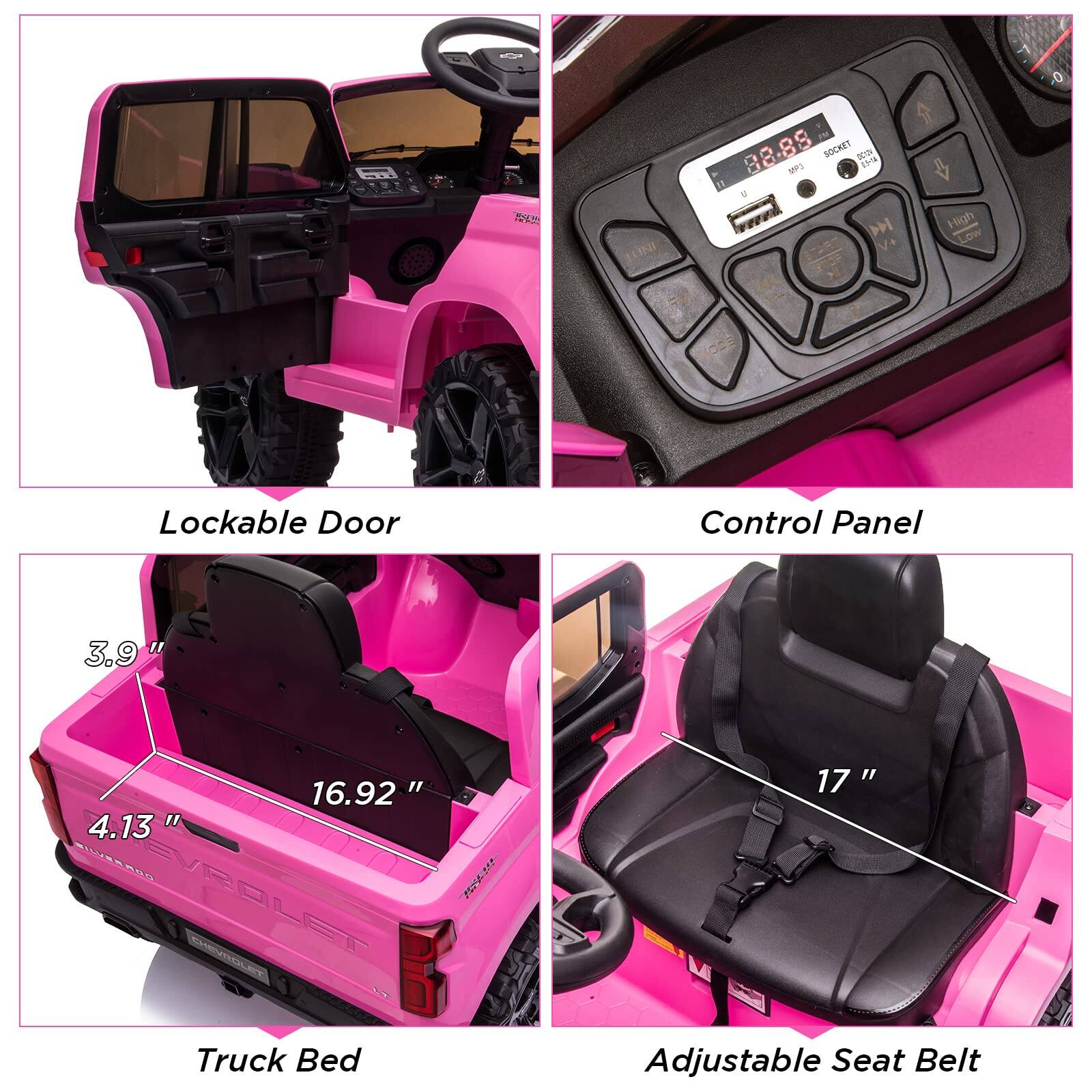 - Lockable Door
- Control Panel
- Truck Bed
  - 3.9"
  - 4.13"
  - 16.92"
- Adjustable Seat Belt
  - 17"