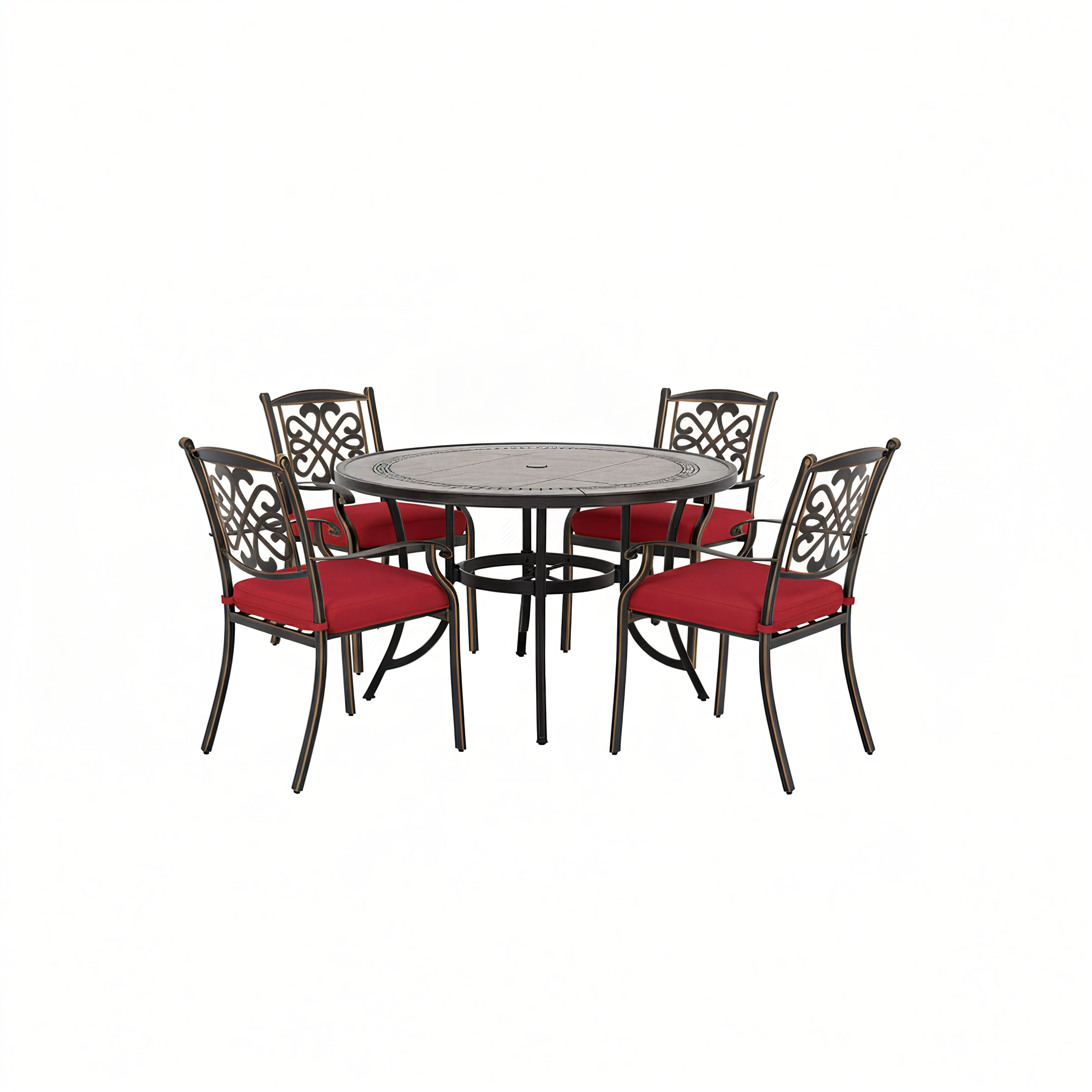 Mondawe - 5-Piece Outdoor Patio Dining Set with Round Umbrella Hole Table and Cast Aluminum Chairs with Cushions - Bronze+Red