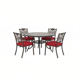 Mondawe - 5-Piece Outdoor Patio Dining Set with Round Umbrella Hole Table and Cast Aluminum Chairs with Cushions - Bronze+Red