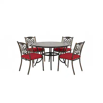 Front. Mondawe - 5-Piece Outdoor Patio Dining Set with Round Umbrella Hole Table and Cast Aluminum Chairs with Cushions - Bronze+Red.