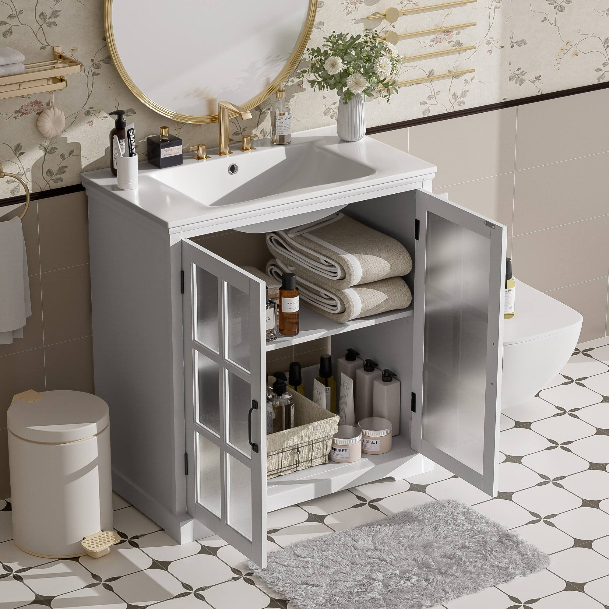 Alt View 2. Loheer - 2.5 ft Modern Bathroom Vanity with Ceramic Sink, Blurred Glass Storage Cabinet. - White.