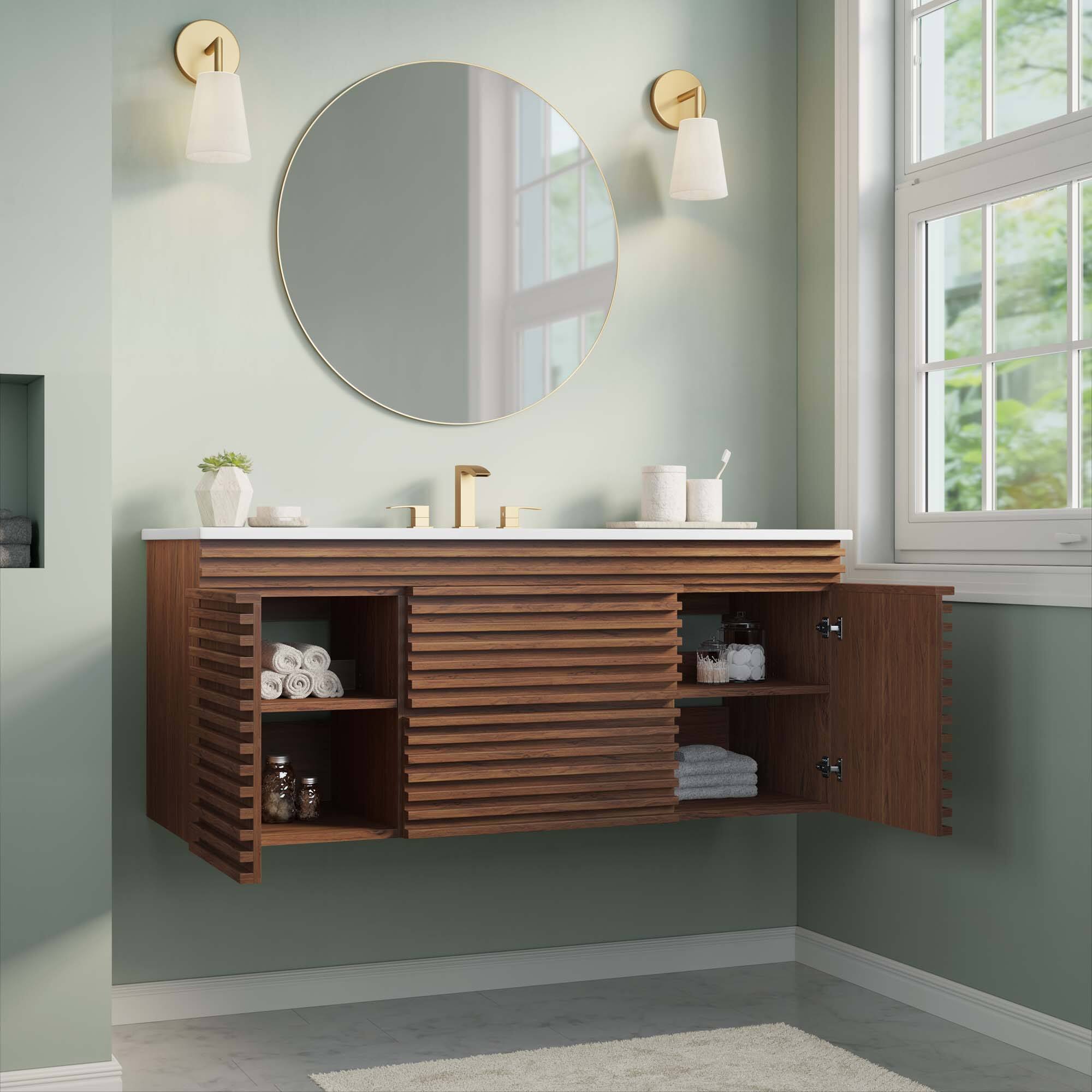 Back. Modway - Render 48" Wall-Mount Bathroom Vanity Basin Included by Modway - Walnut White.