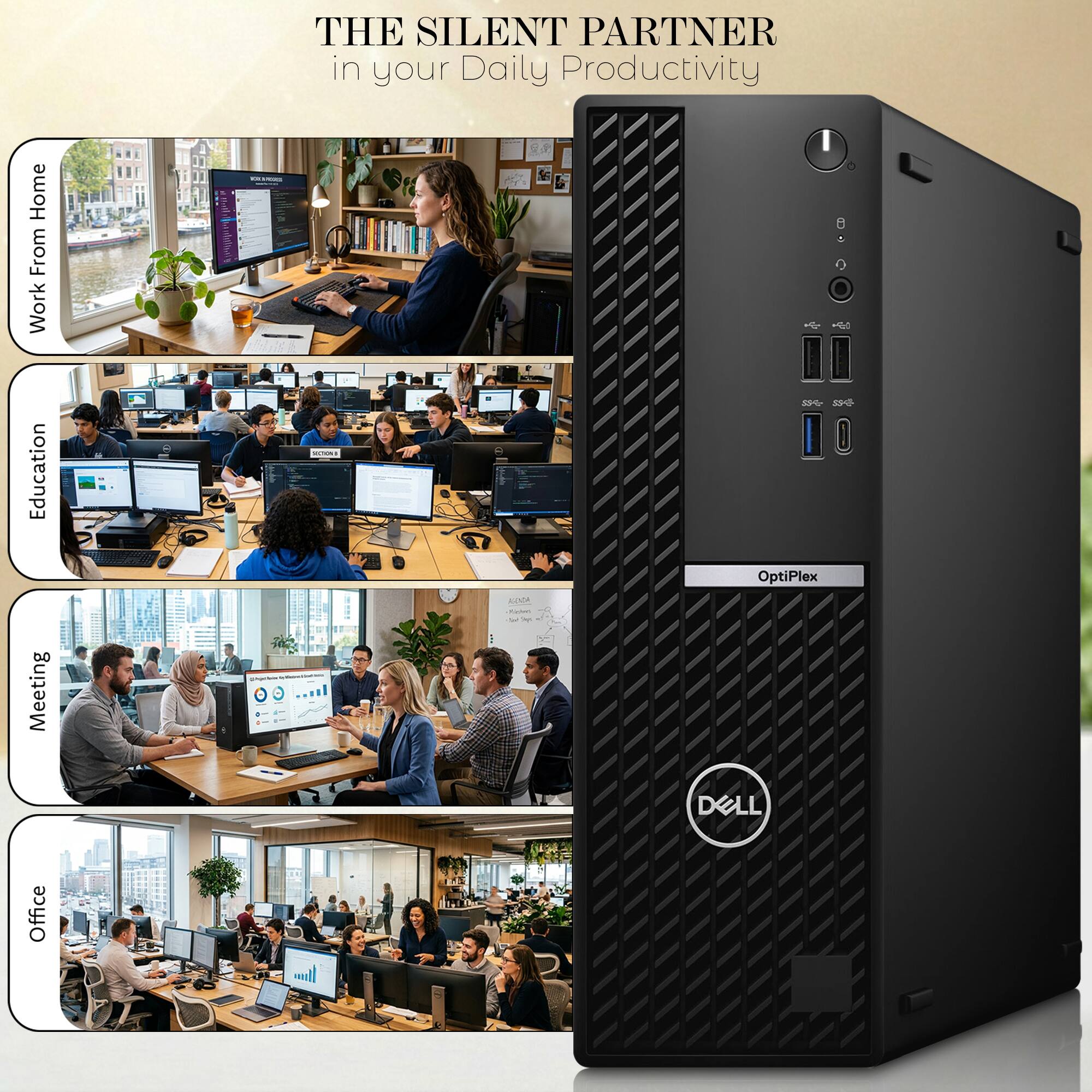 Home From Work  
Education  
Meeting  
Office  

THE SILENT PARTNER in your Daily Productivity  
I MILLAROOKE a SSE- SSE 1001 OptiPlex AGISUR Now! - DELL