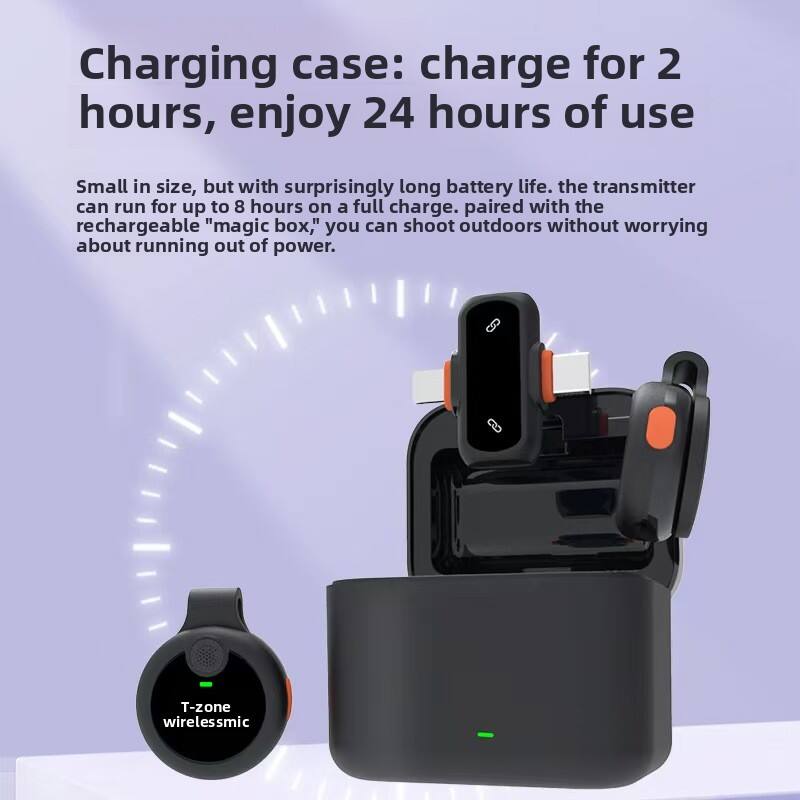 Charging case: charge for 2 hours, enjoy 24 hours of use

Small in size, but with surprisingly long battery life. The transmitter can run for up to 8 hours on a full charge. Paired with the rechargeable "magic box," you can shoot outdoors without worrying about running out of power.

T-zone wireless mic