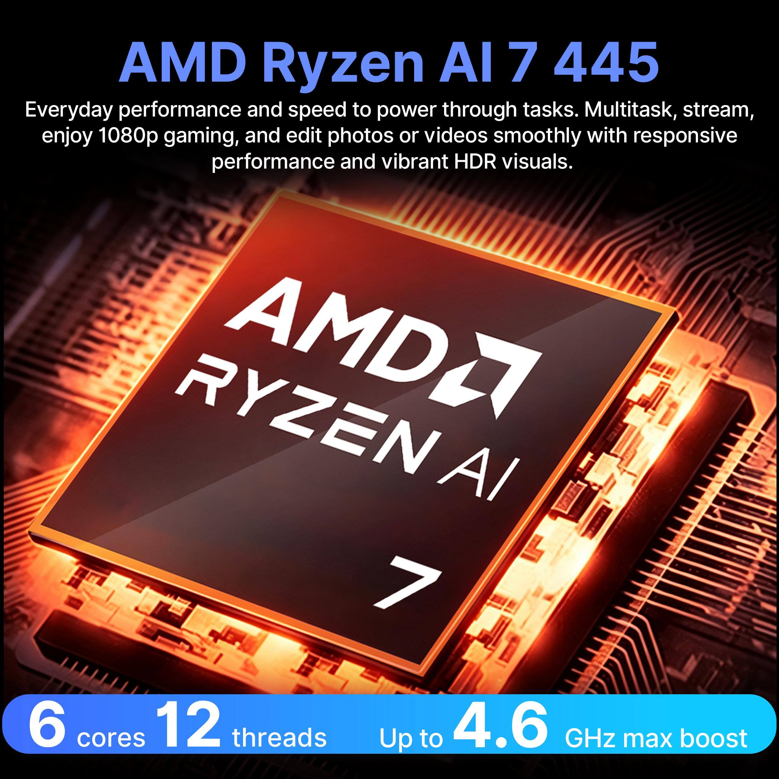 AMD Ryzen AI 7 445  
Everyday performance and speed to power through tasks. Multitask, stream, enjoy 1080p gaming, and edit photos or videos smoothly with responsive performance and vibrant HDR visuals.  

6 cores  
12 threads  
Up to 4.6 GHz max boost